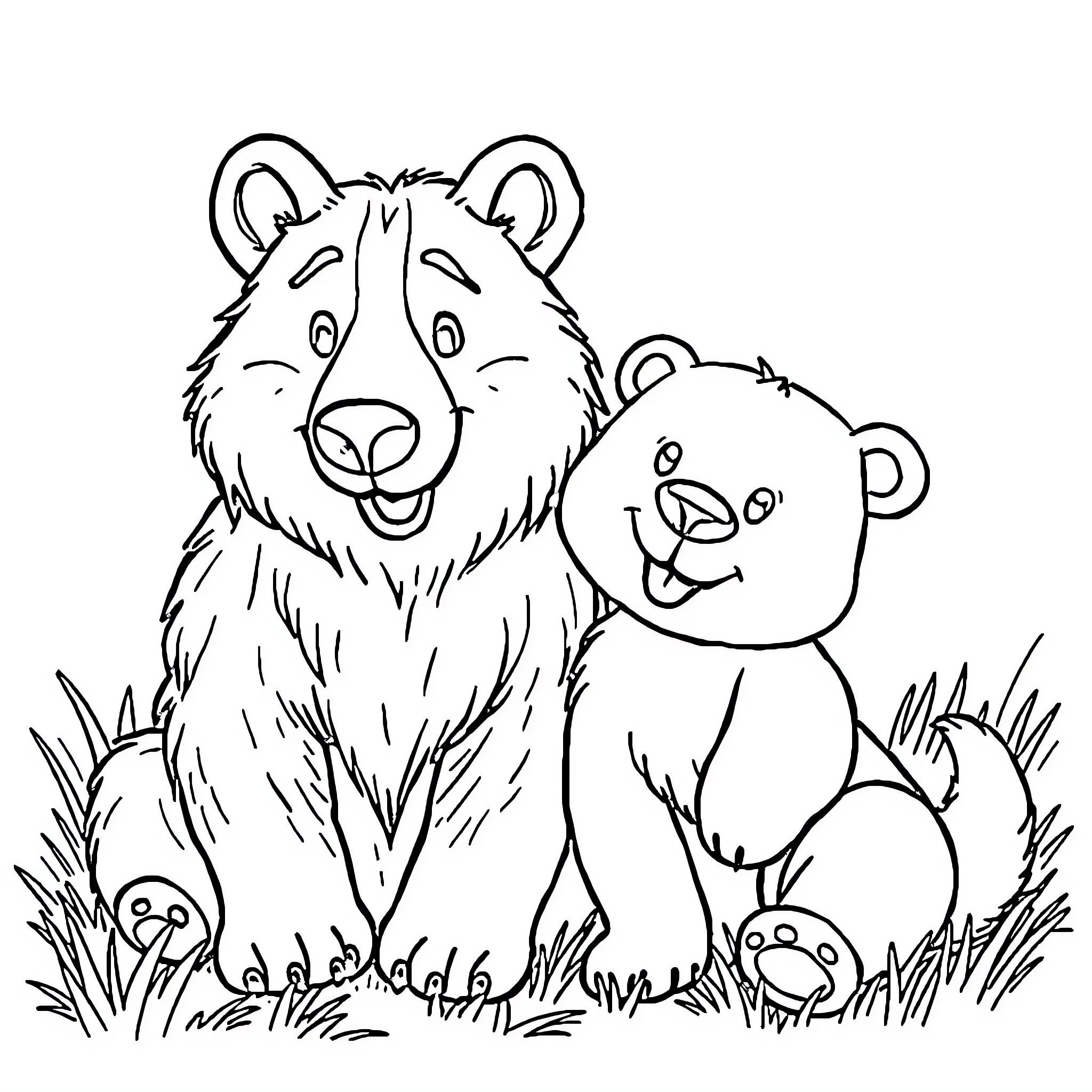 Dog and Bear Cubs Playing in the Grass Coloring Page (free black-and-white line drawing printable PDF for all, from beginners to advanced learners, including children, teens, adults, and seniors)