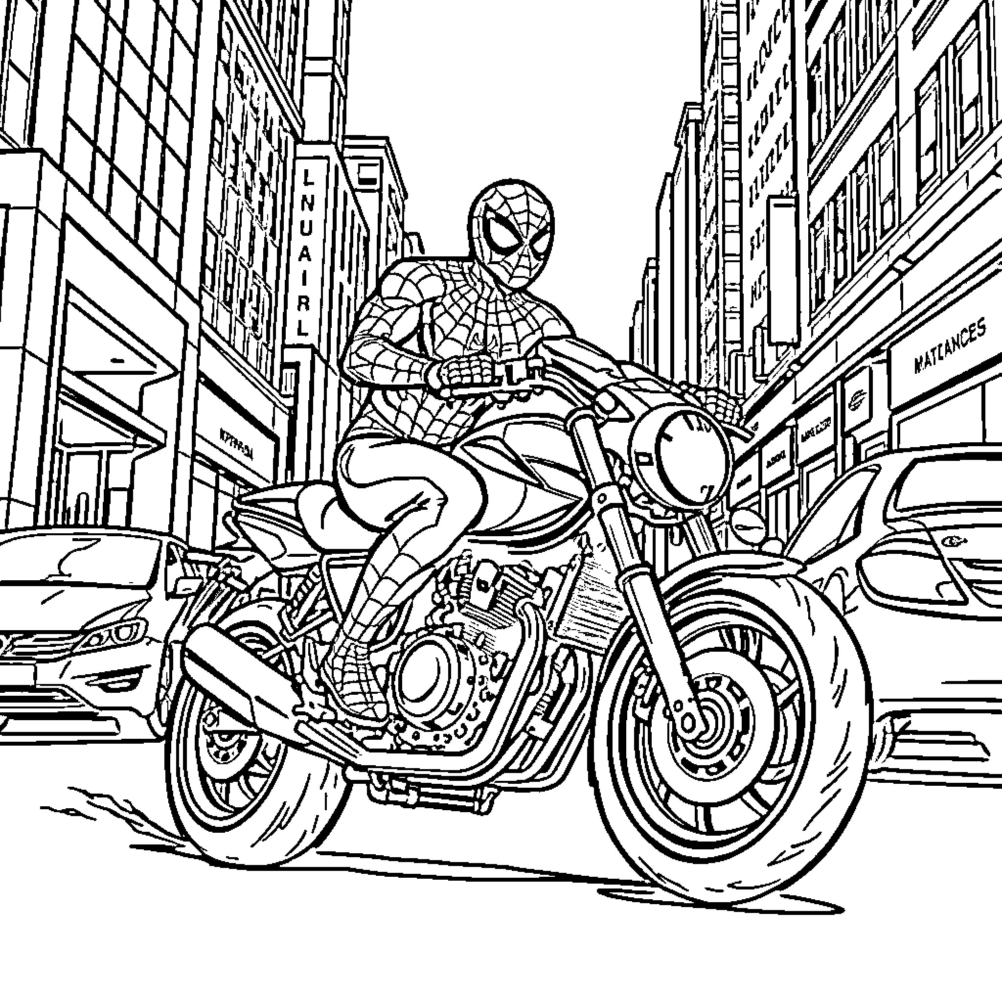 Spidey riding a motorcycle through the city Coloring Page (free black-and-white line drawing printable PDF for all, from beginners to advanced learners, including children, teens, adults, and seniors)
