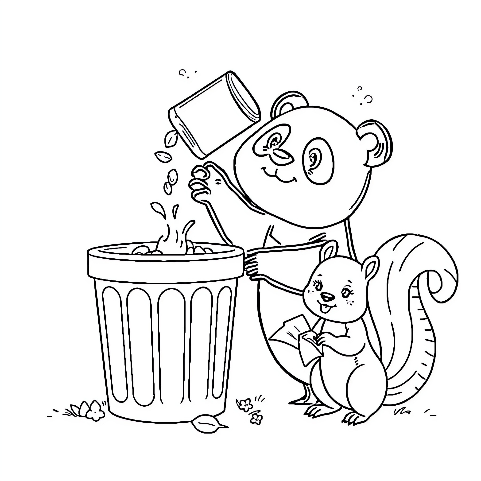 Animal cleaning up trash in the park Coloring Page (free black-and-white line drawing printable PDF for all, from beginners to advanced learners, including children, teens, adults, and seniors)