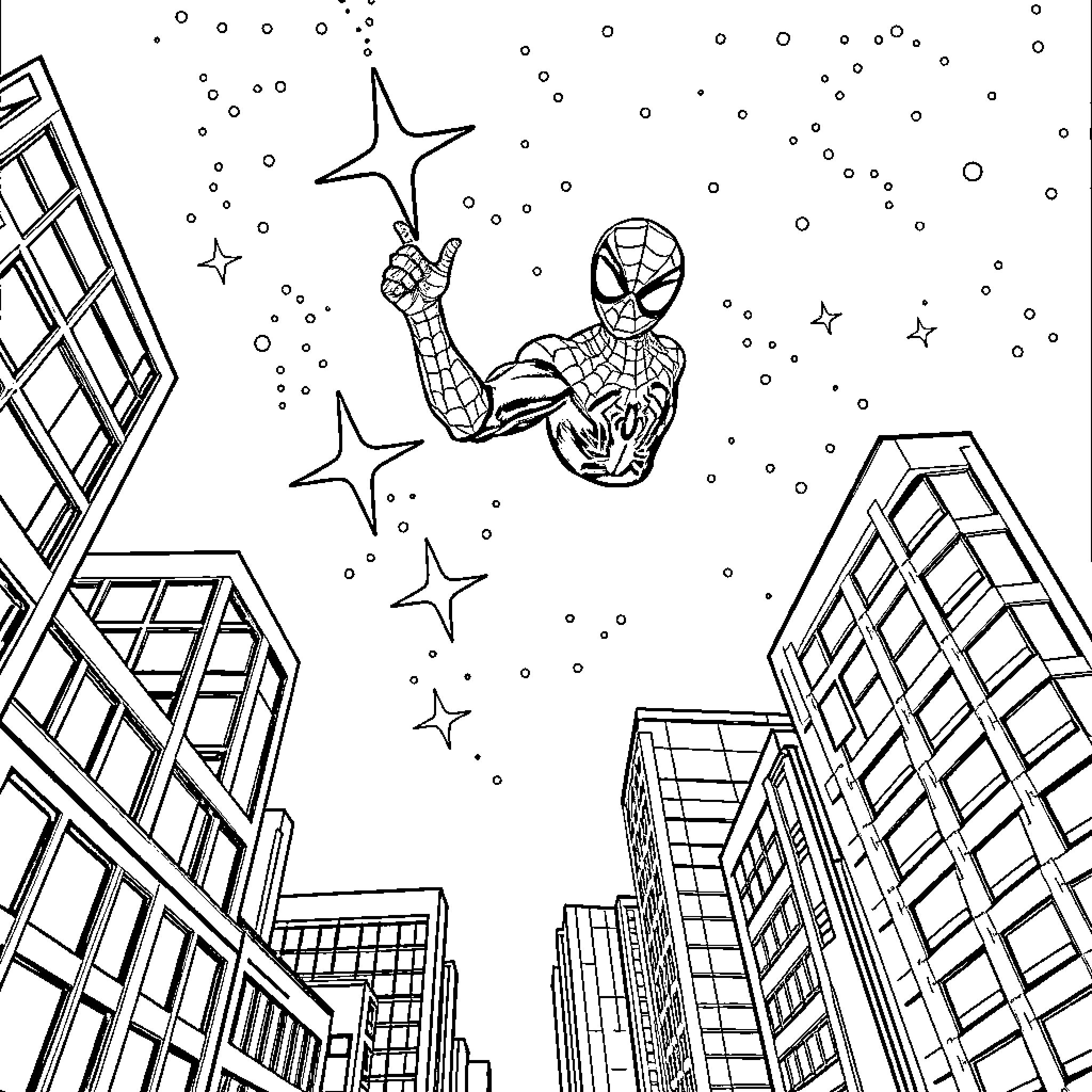 Spiderman swinging through the cityscape at night Coloring Page (free black-and-white line drawing printable PDF for all, from beginners to advanced learners, including children, teens, adults, and seniors)