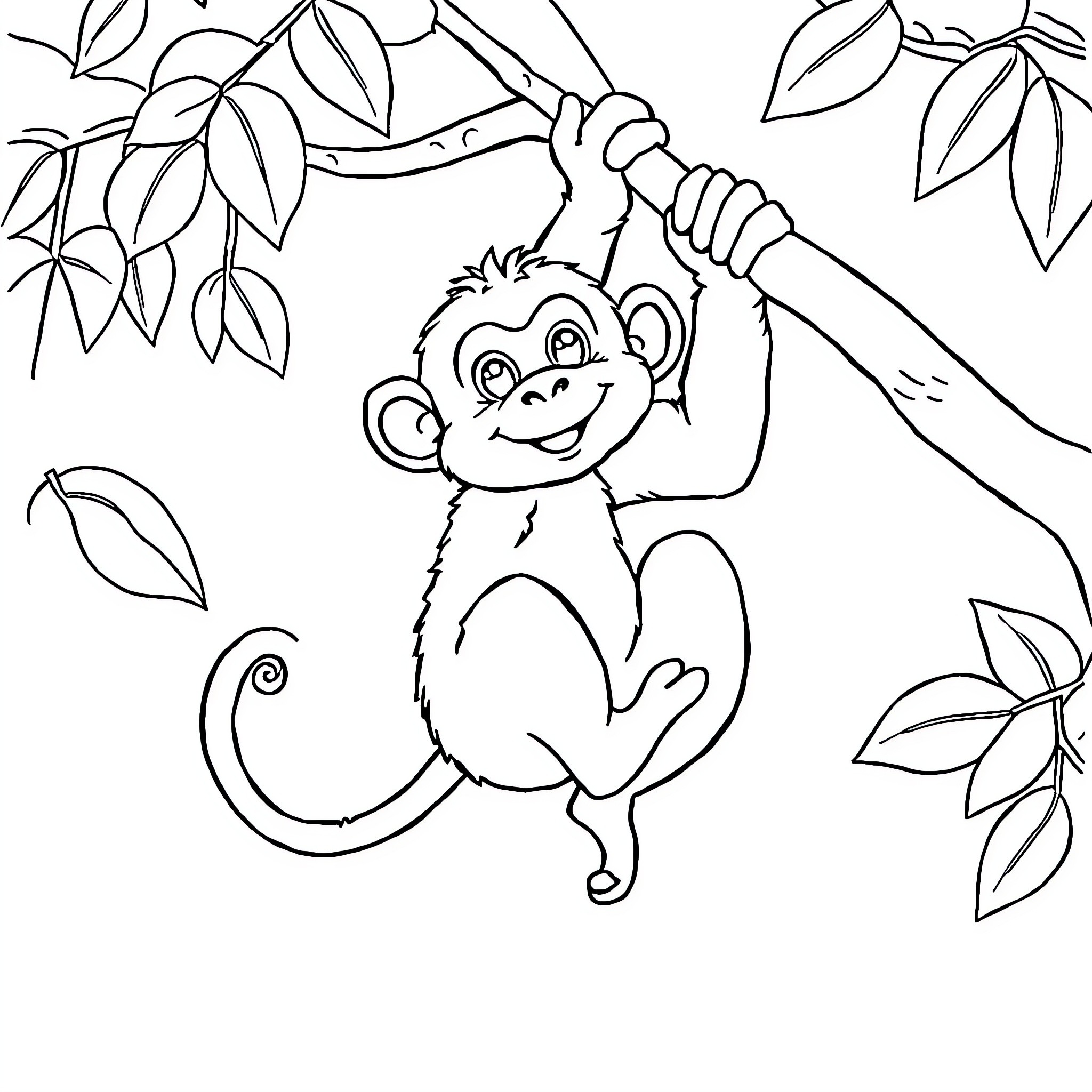 Sapi the Playful Monkey in the Jungle Coloring Page (free black-and-white line drawing printable PDF for all, from beginners to advanced learners, including children, teens, adults, and seniors)