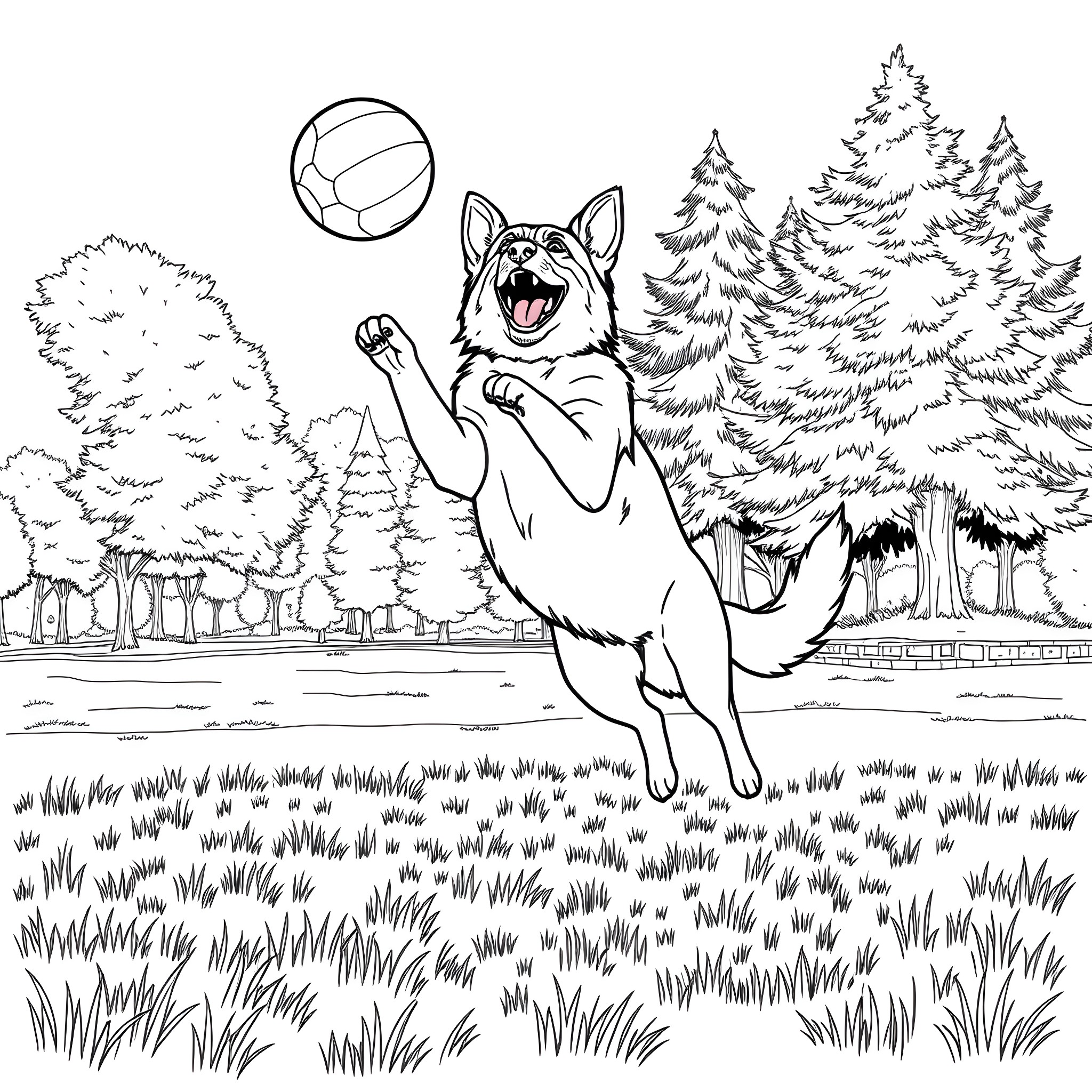German Shepherd playing with ball in outdoor forest scene Coloring Page (free black-and-white line drawing printable PDF for all, from beginners to advanced learners, including children, teens, adults, and seniors)