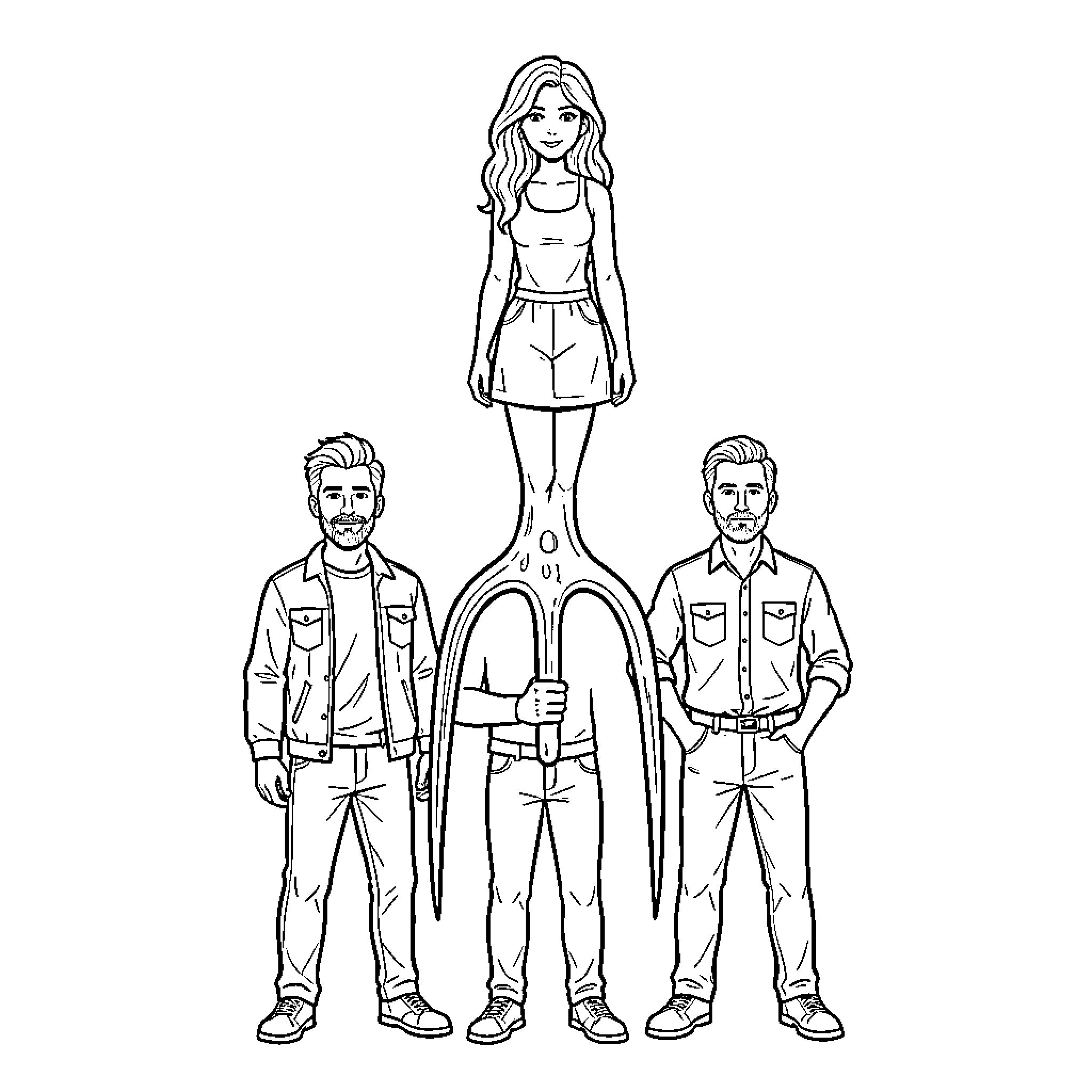 Pitchfork held by people standing in a row Coloring Page (free black-and-white line drawing printable PDF for all, from beginners to advanced learners, including children, teens, adults, and seniors)