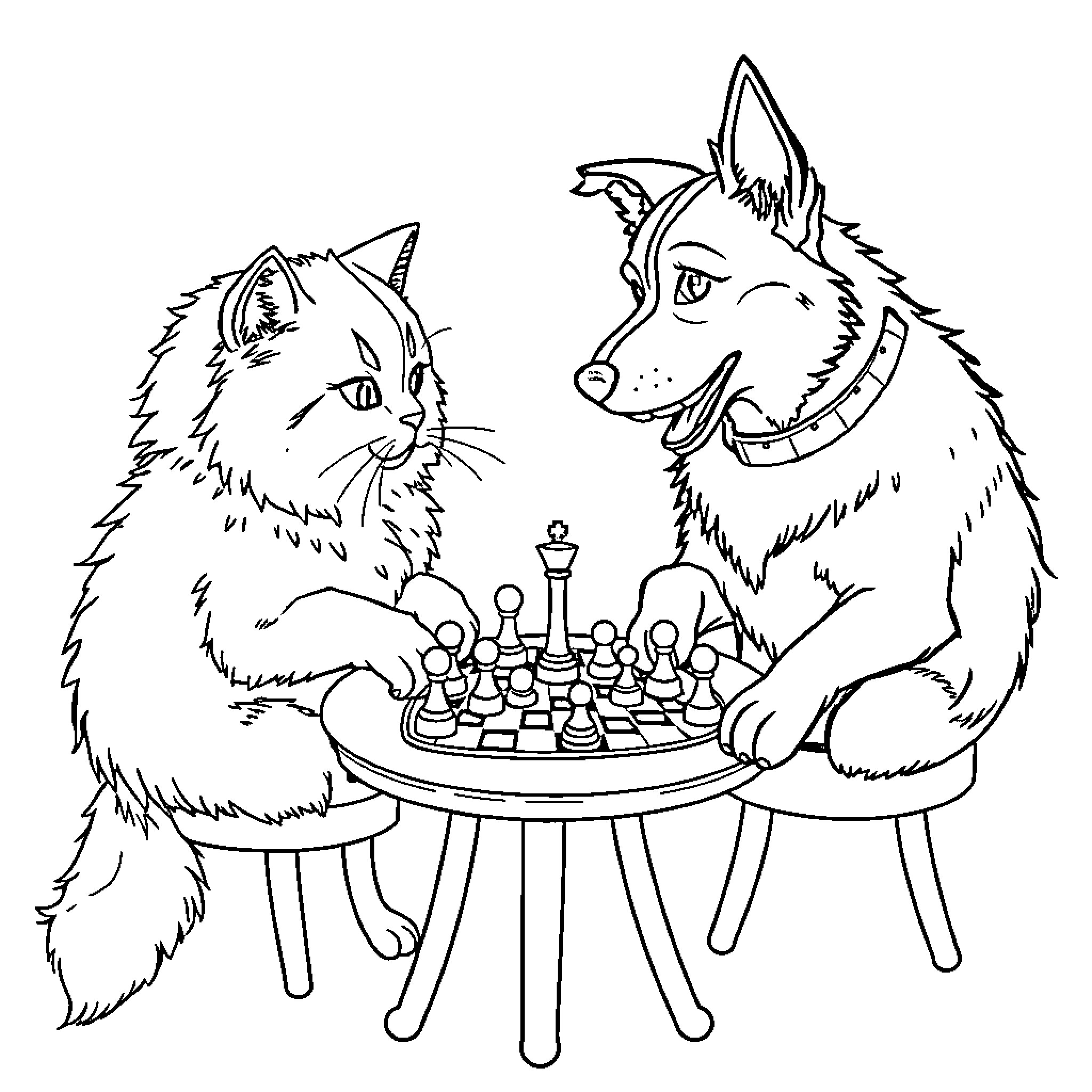 Cat and Dog Playing Chess Together Coloring Page (free black-and-white line drawing printable PDF for all, from beginners to advanced learners, including children, teens, adults, and seniors)