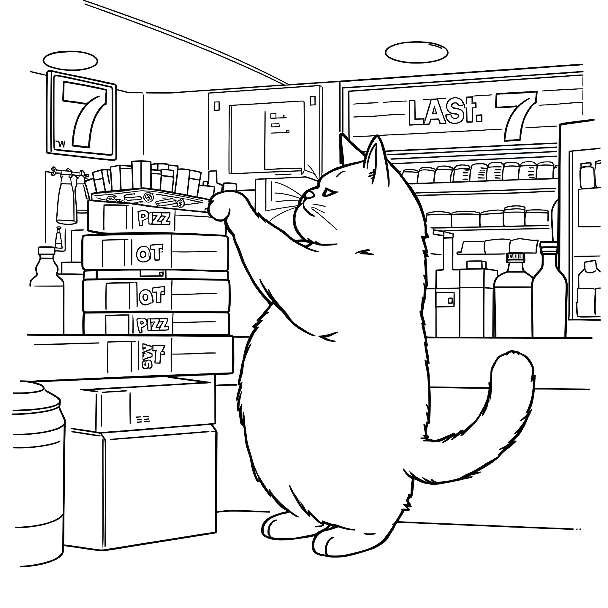 Cat exploring convenience store items Coloring Page (free black-and-white line drawing printable PDF for all, from beginners to advanced learners, including children, teens, adults, and seniors)
