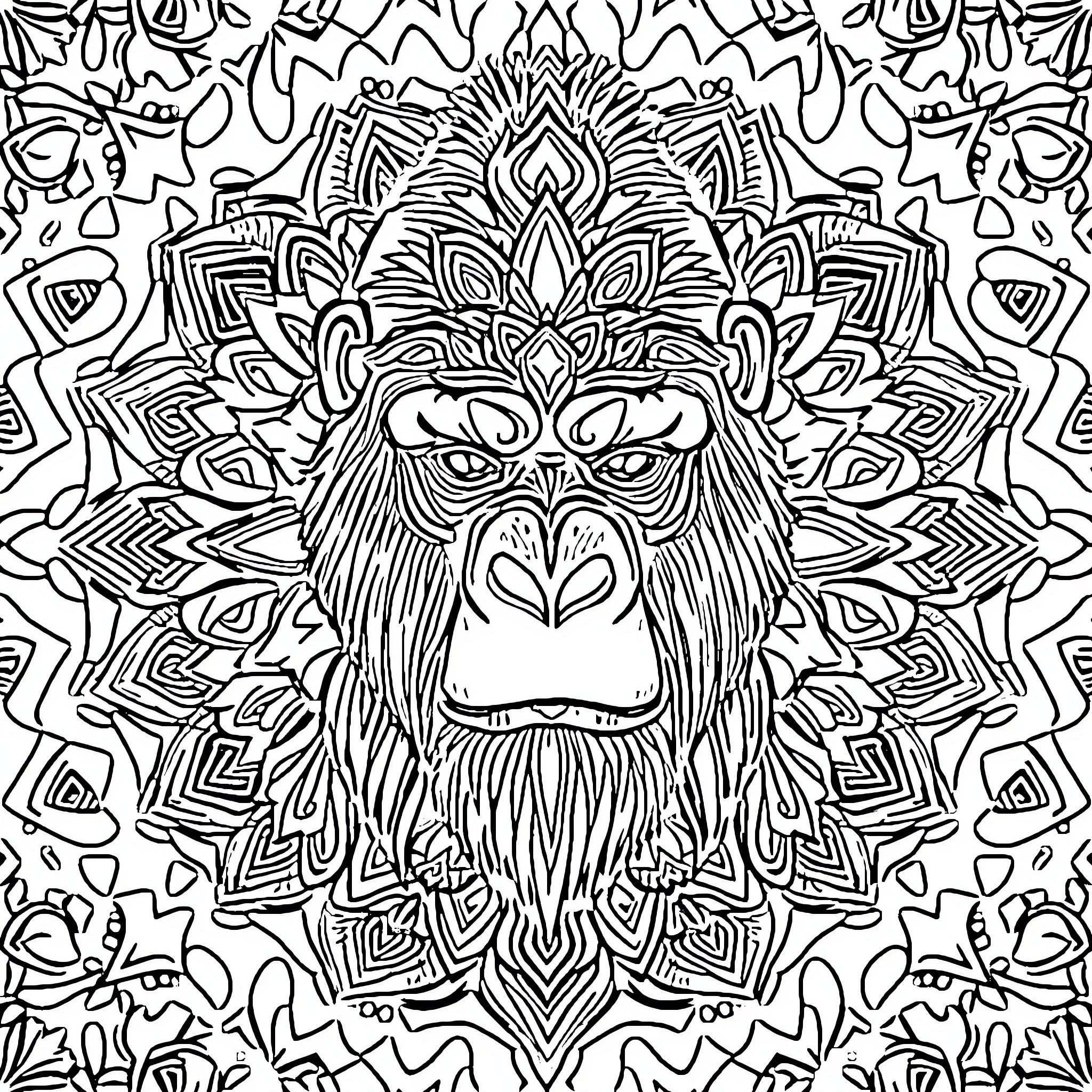 Gorilla with intricate mandala-style pattern Coloring Page (free black-and-white line drawing printable PDF for all, from beginners to advanced learners, including children, teens, adults, and seniors)
