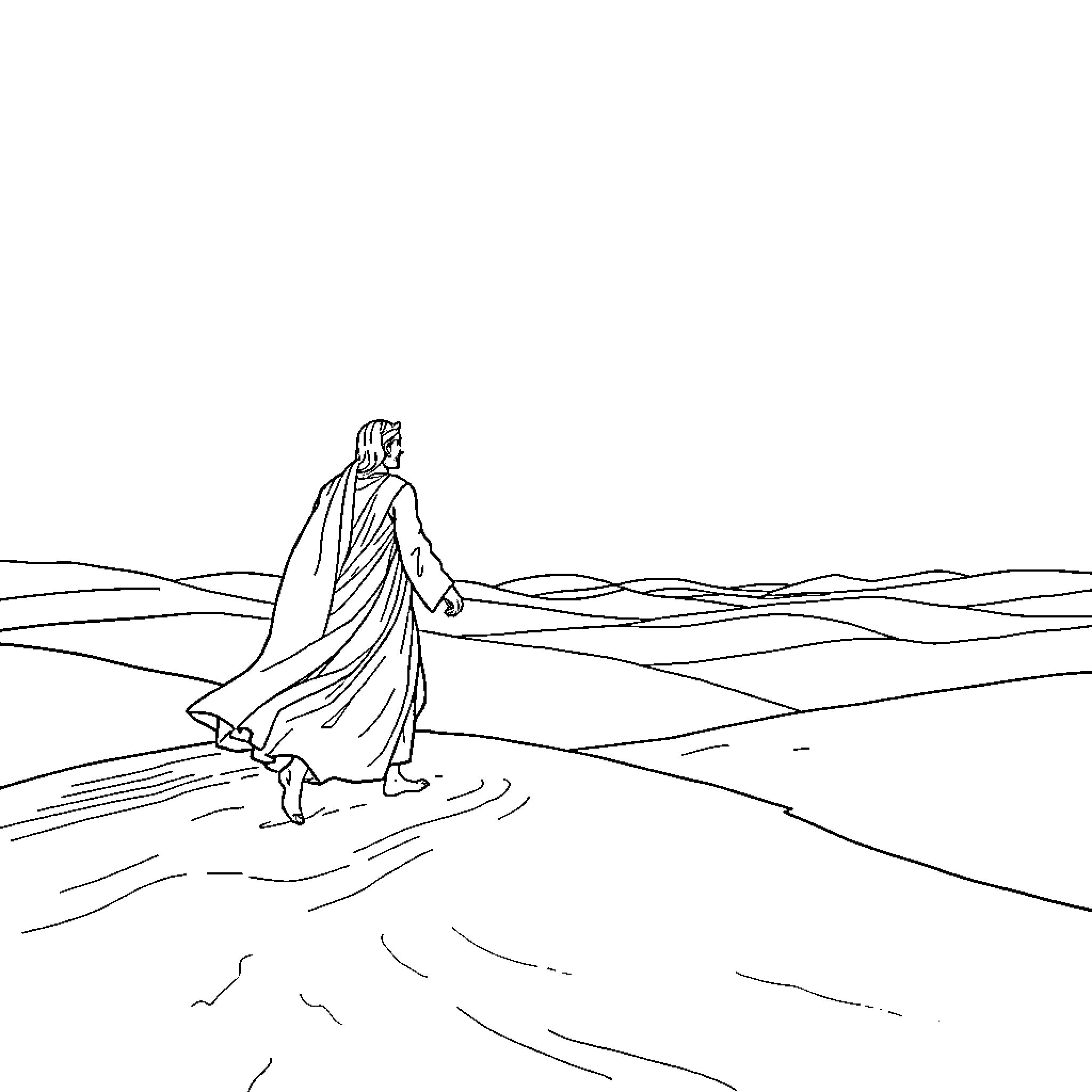Moses walking through the parted sea Coloring Page (free black-and-white line drawing printable PDF for all, from beginners to advanced learners, including children, teens, adults, and seniors)
