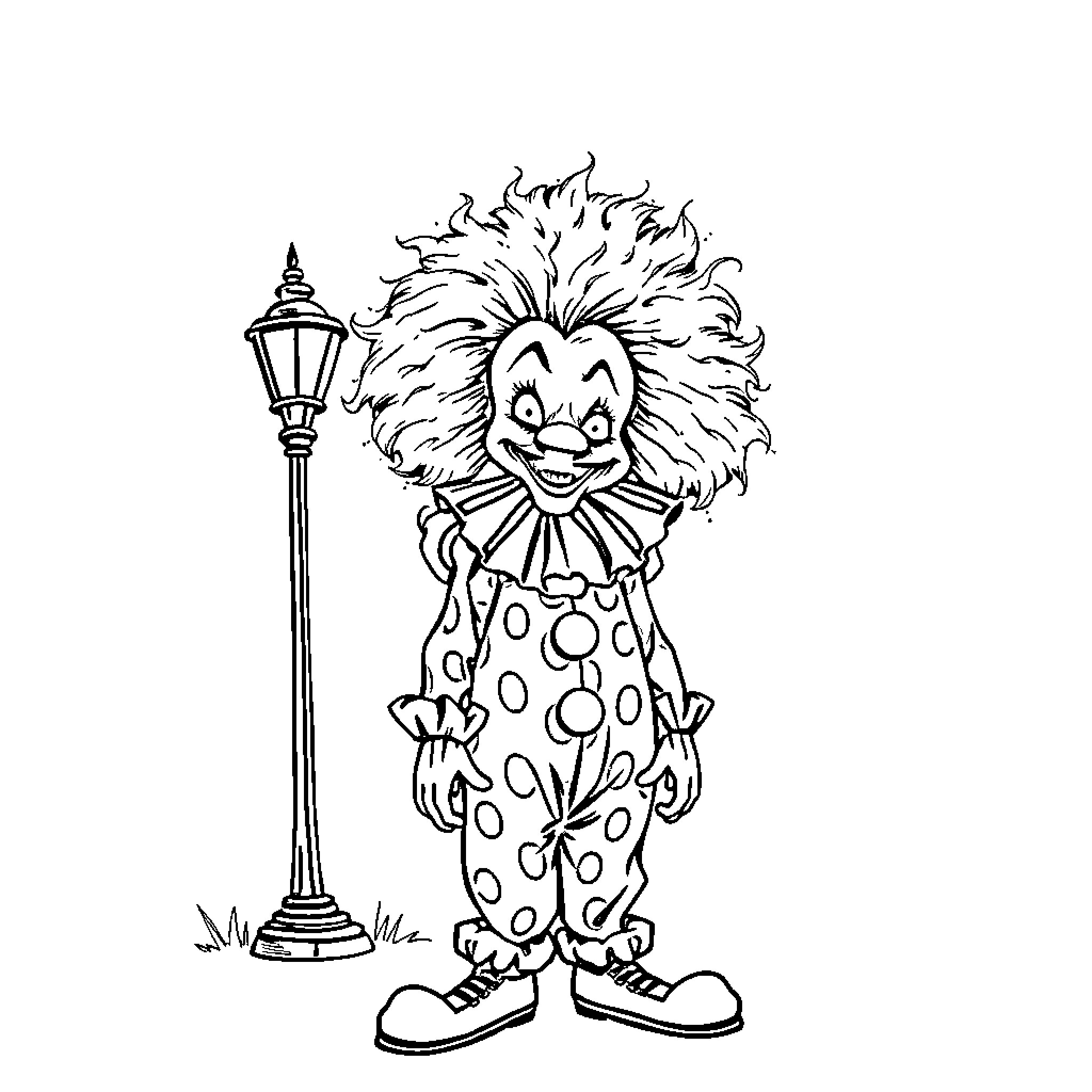 Clown posing with theatrical lamp in whimsical outfit Coloring Page (free black-and-white line drawing printable PDF for all, from beginners to advanced learners, including children, teens, adults, and seniors)