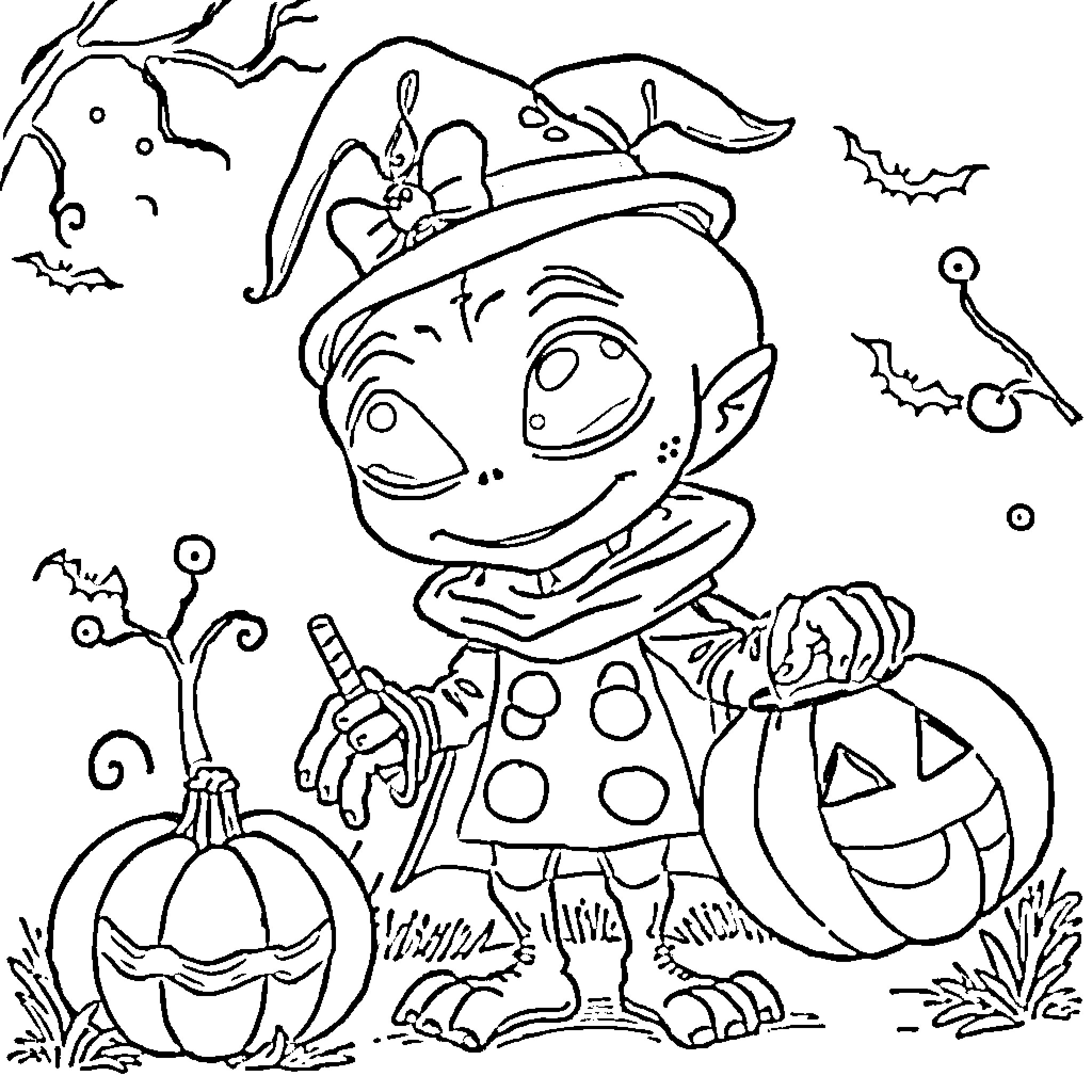 Alien Troll in Halloween Costume and Pumpkins Coloring Page (free black-and-white line drawing printable PDF for all, from beginners to advanced learners, including children, teens, adults, and seniors)