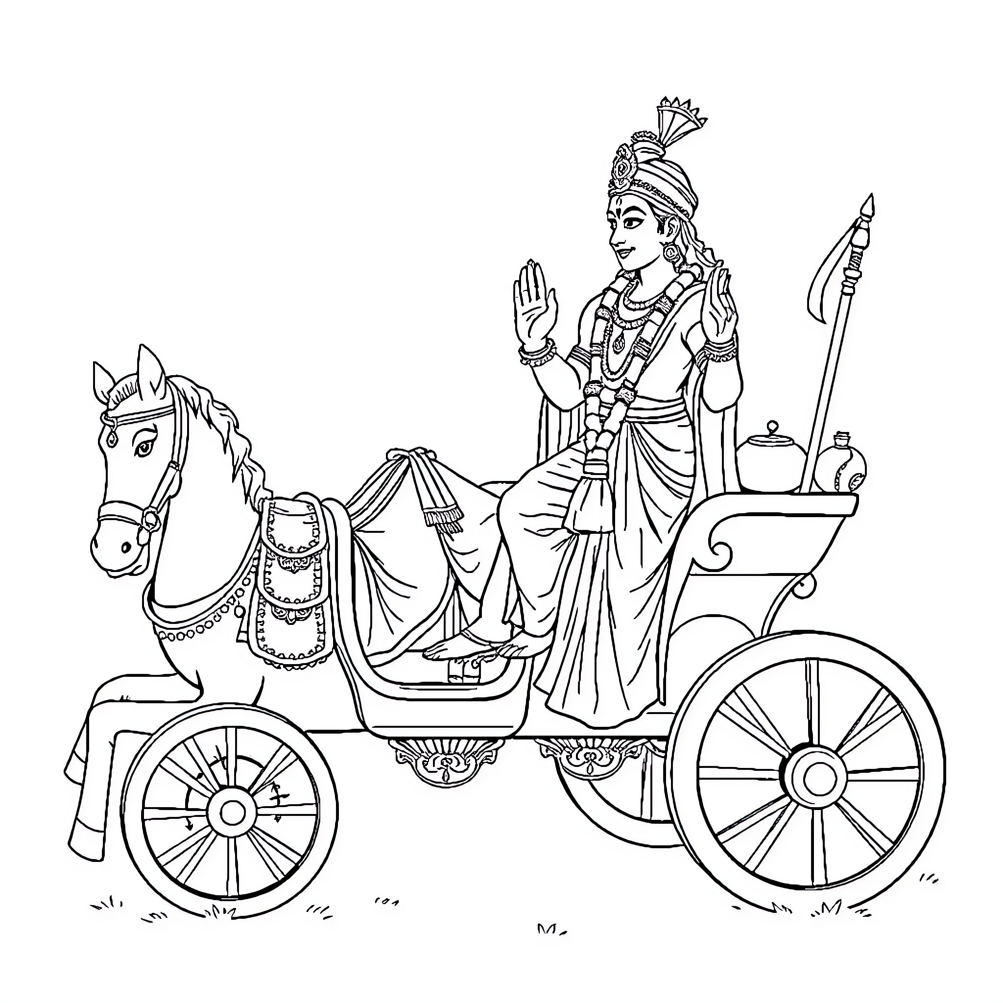 Krishna riding a chariot with ornate decorations Coloring Page (free black-and-white line drawing printable PDF for all, from beginners to advanced learners, including children, teens, adults, and seniors)