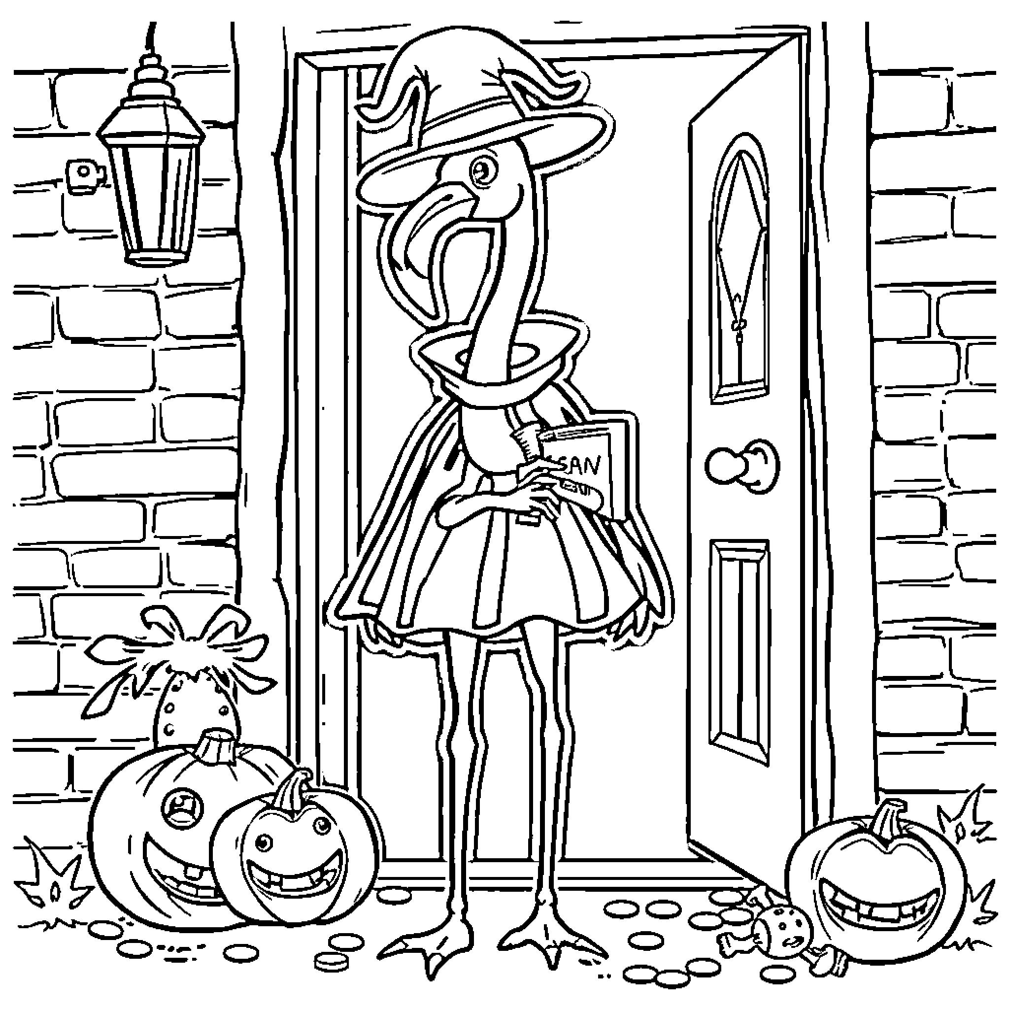 Flamingo Witch Welcomes Halloween Guests Coloring Page (free black-and-white line drawing printable PDF for all, from beginners to advanced learners, including children, teens, adults, and seniors)