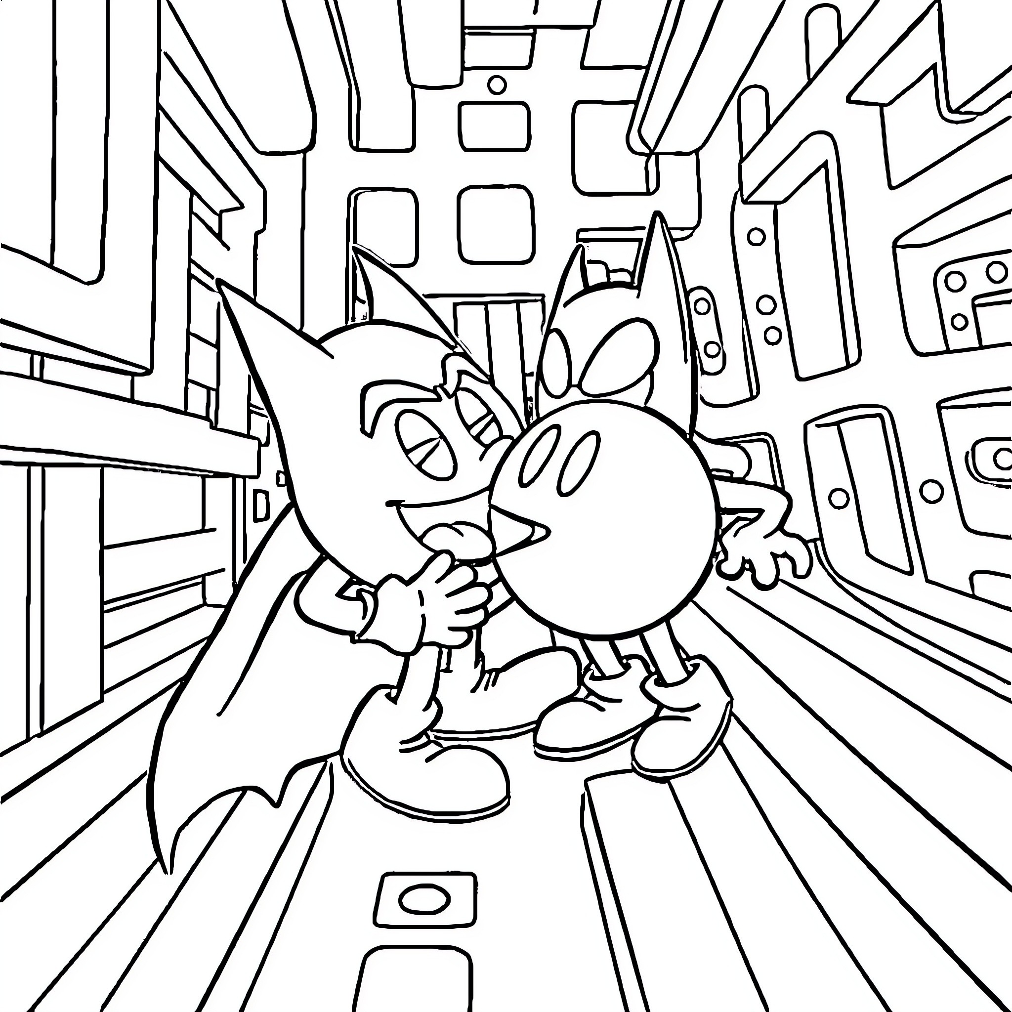 Pac-Man running through a maze of geometric shapes Coloring Page (free black-and-white line drawing printable PDF for all, from beginners to advanced learners, including children, teens, adults, and seniors)