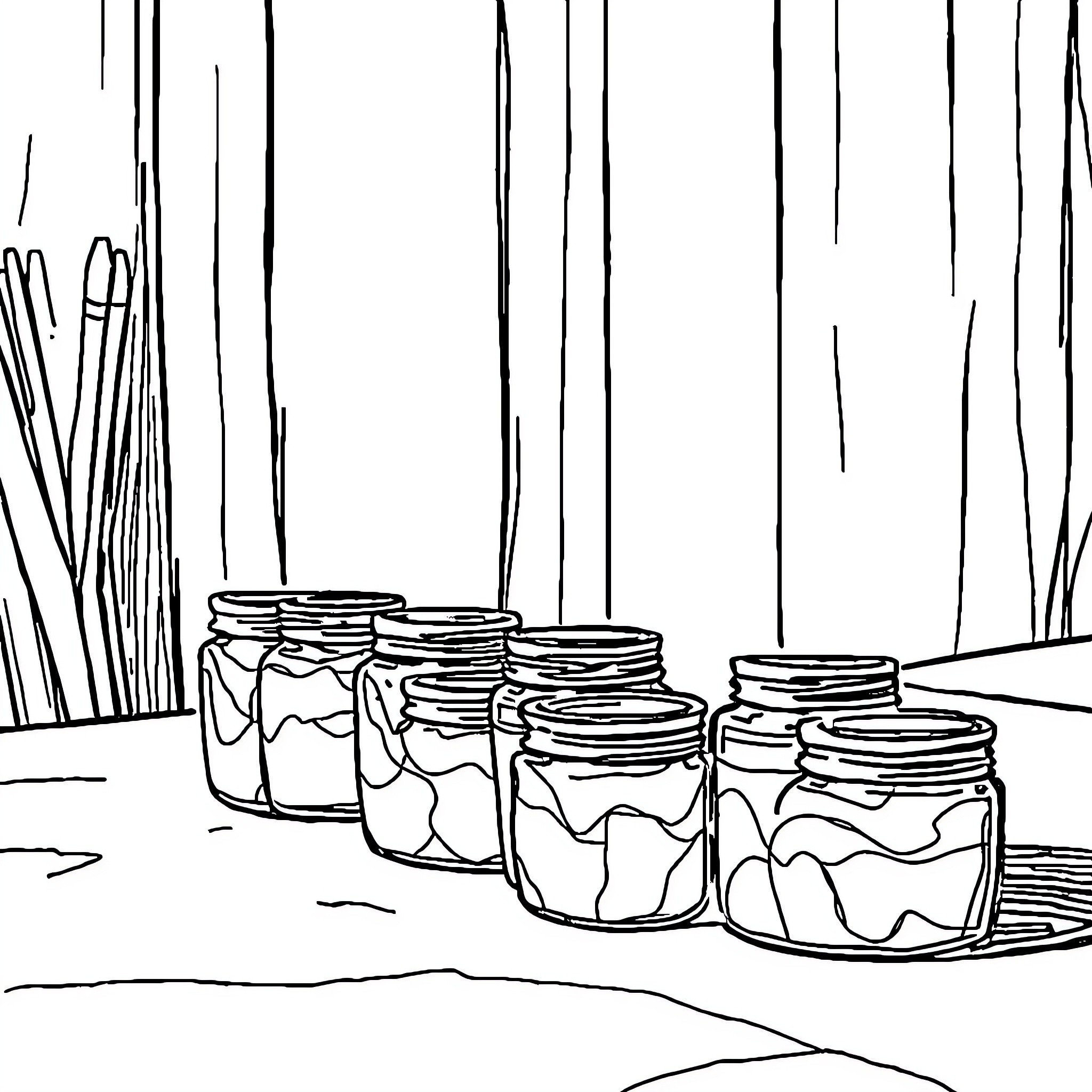 Paint Jars Lined Up in Rustic Scene Coloring Page (free black-and-white line drawing printable PDF for all, from beginners to advanced learners, including children, teens, adults, and seniors)