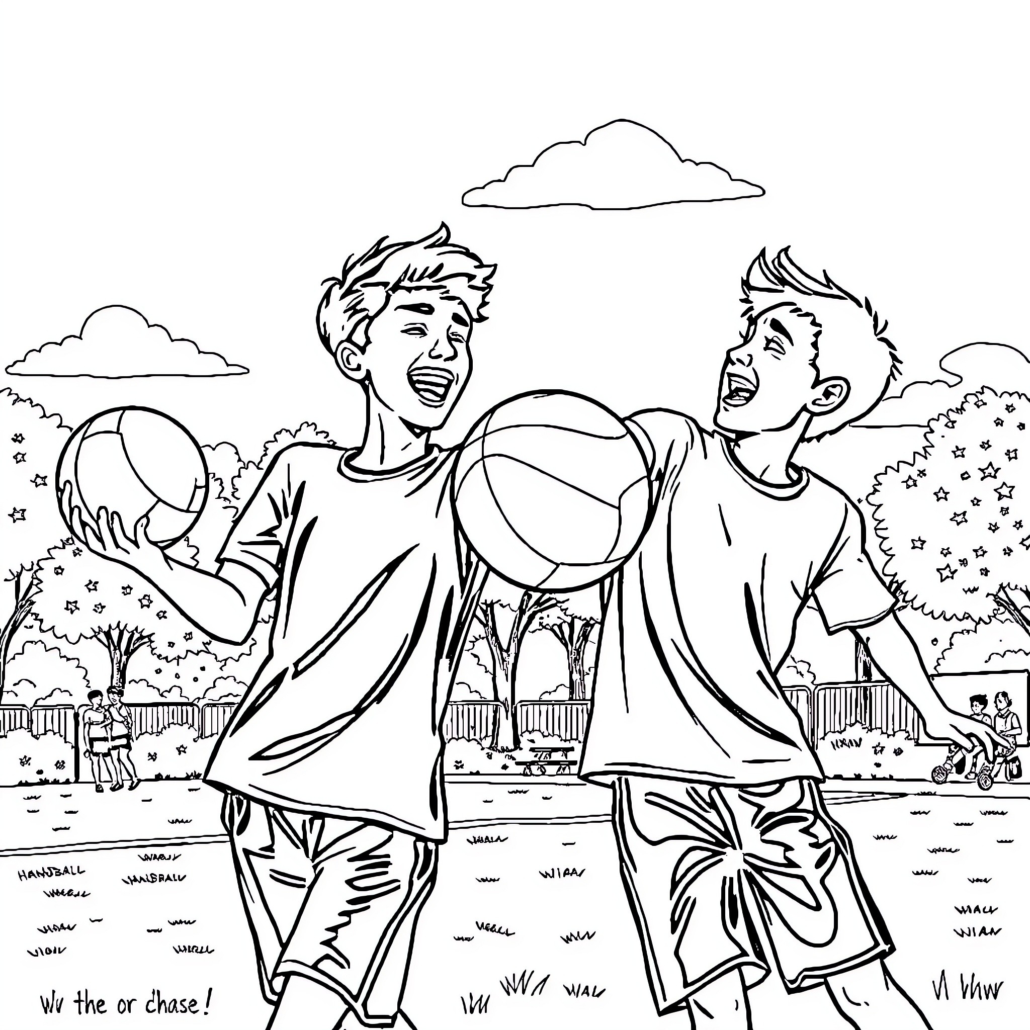 Chase the fun! Boys playing happily with balls Coloring Page (free black-and-white line drawing printable PDF for all, from beginners to advanced learners, including children, teens, adults, and seniors)