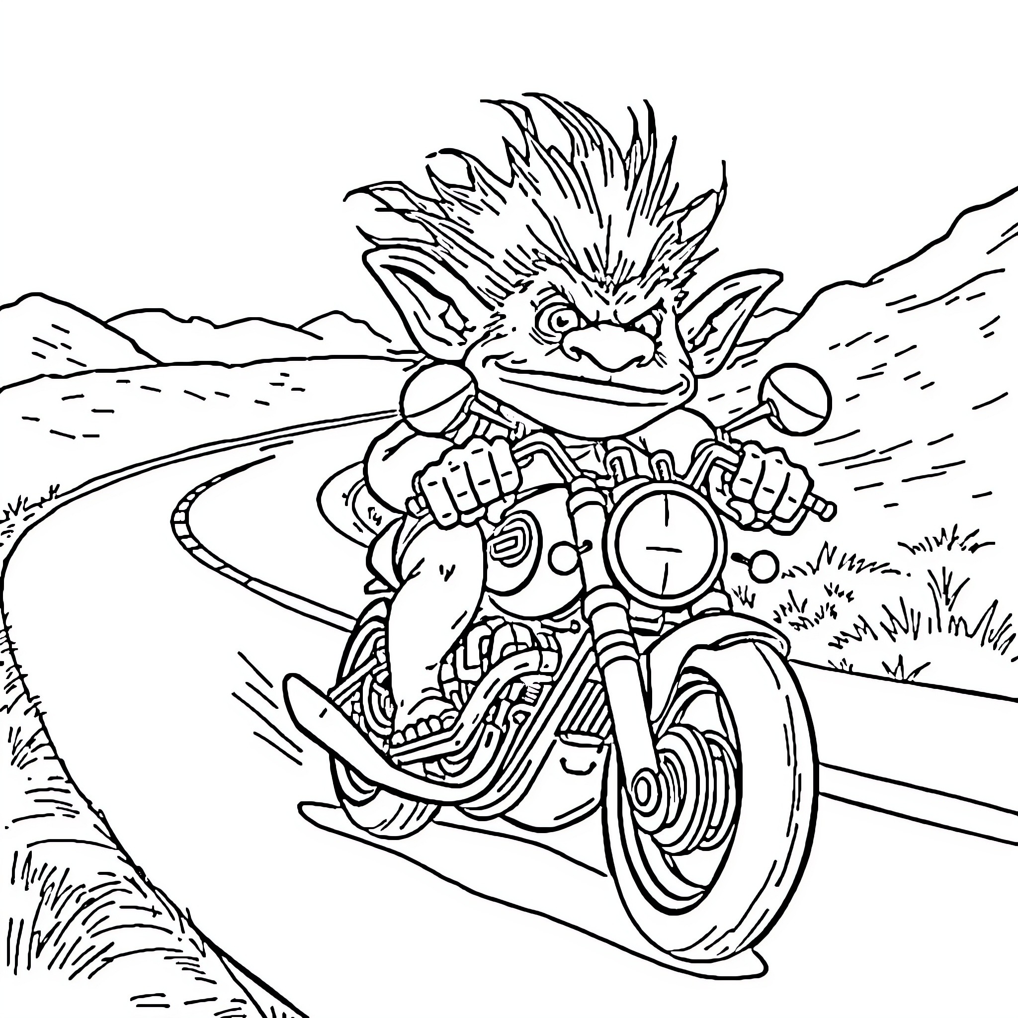 Troll Riding Motorcycle on Rugged Terrain Coloring Page (free black-and-white line drawing printable PDF for all, from beginners to advanced learners, including children, teens, adults, and seniors)