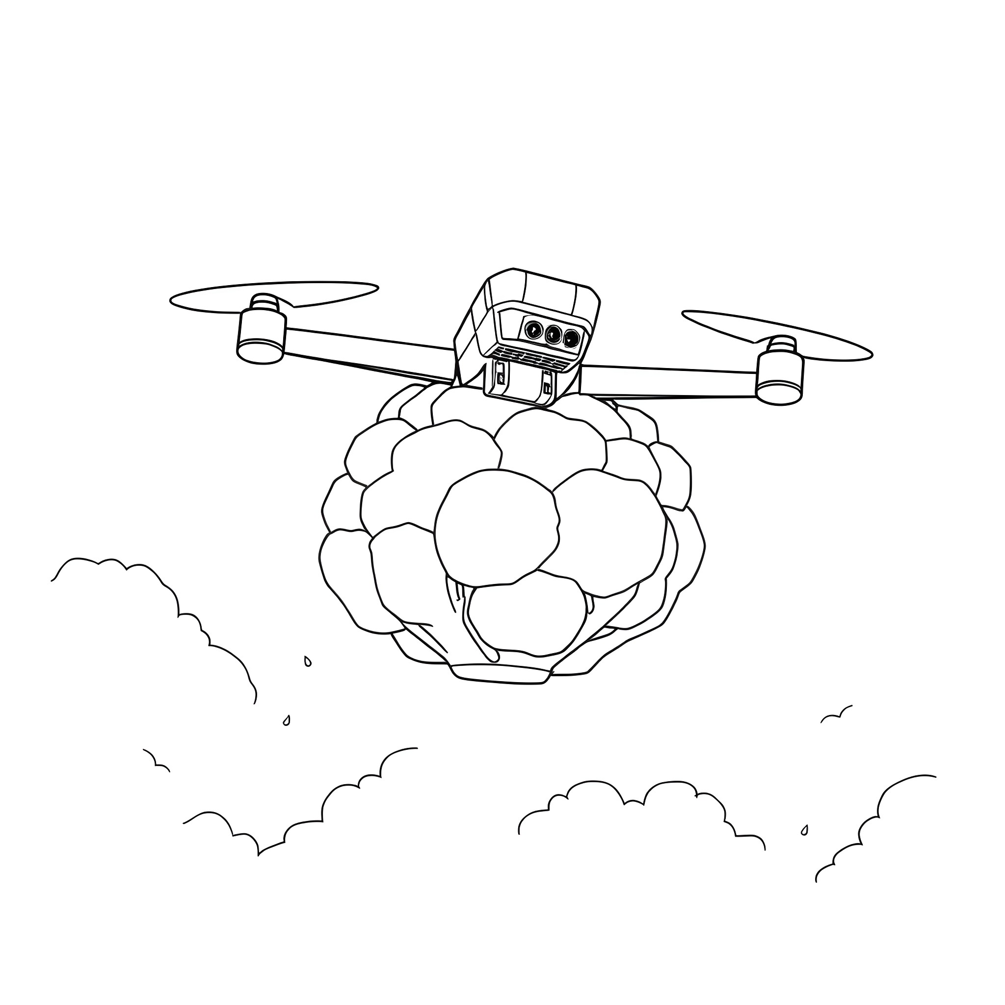 Cauliflower-shaped drone flying in the sky Coloring Page (free black-and-white line drawing printable PDF for all, from beginners to advanced learners, including children, teens, adults, and seniors)