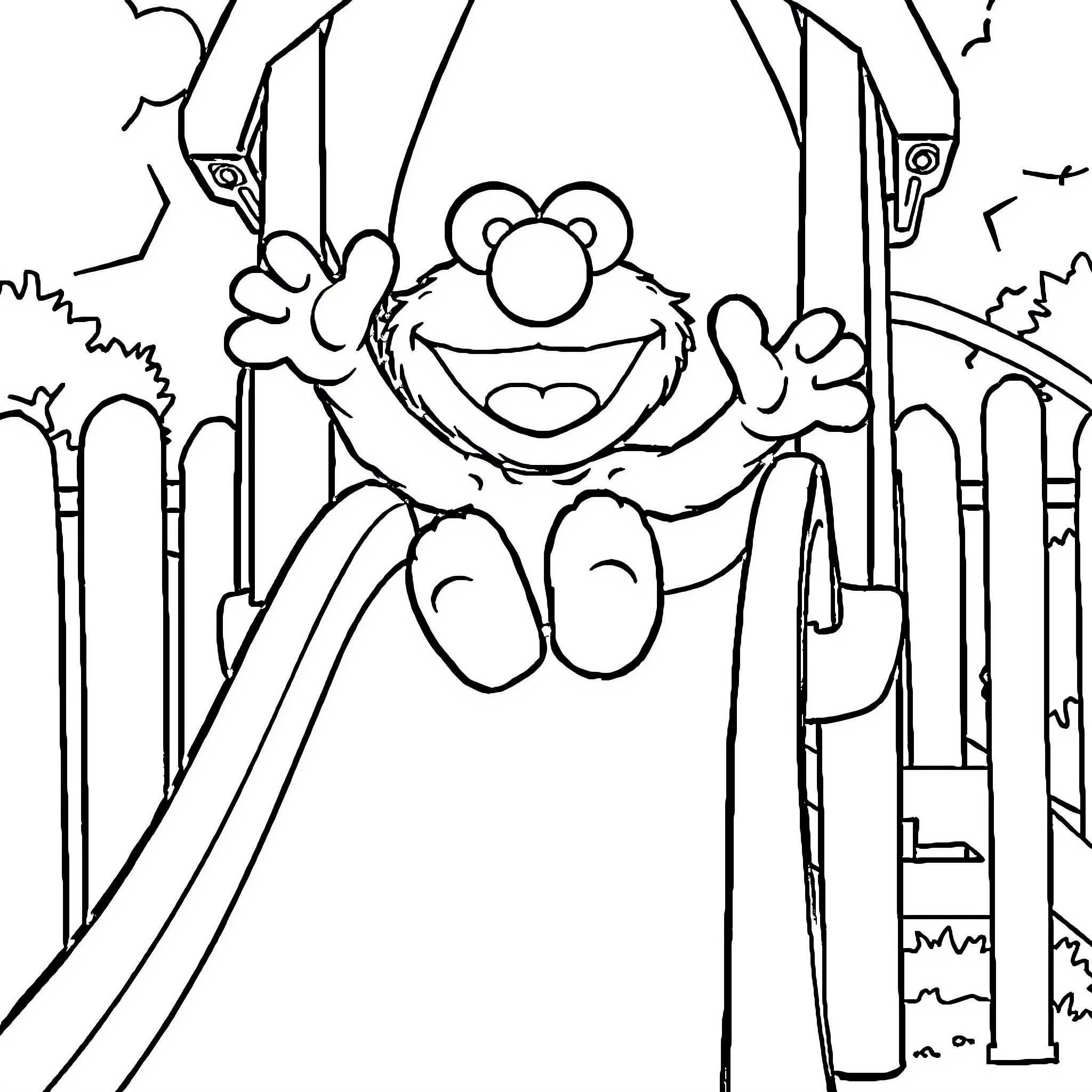 Elmo playing happily in the park Coloring Page (free black-and-white line drawing printable PDF for all, from beginners to advanced learners, including children, teens, adults, and seniors)