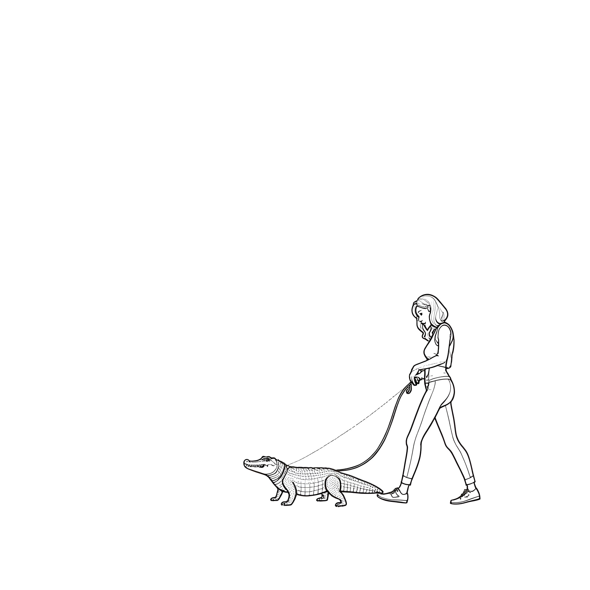 Woman walking an alligator on a leash Coloring Page (free black-and-white line drawing printable PDF for all, from beginners to advanced learners, including children, teens, adults, and seniors)