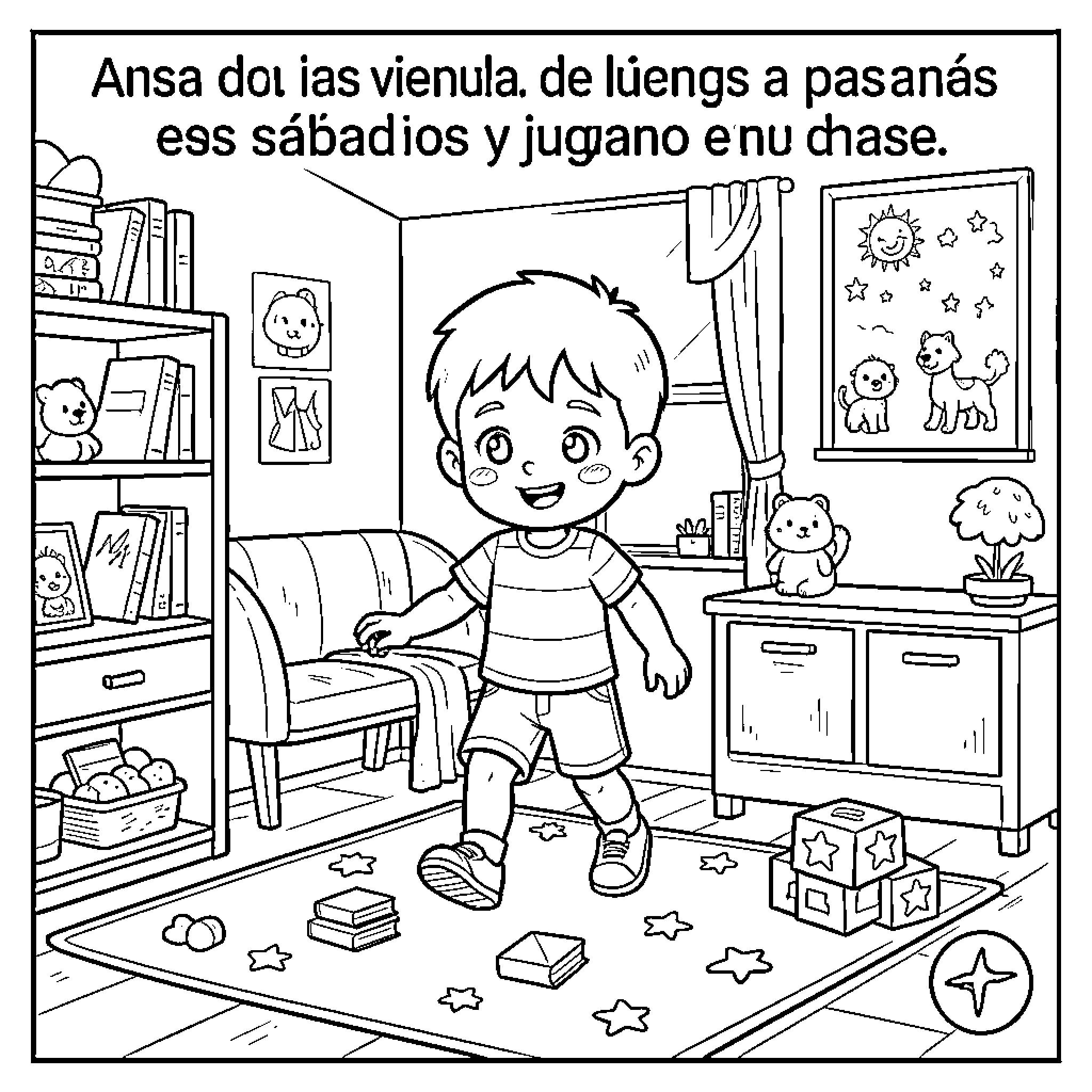 Niño juega alegremente en su habitación Coloring Page (free black-and-white line drawing printable PDF for all, from beginners to advanced learners, including children, teens, adults, and seniors)