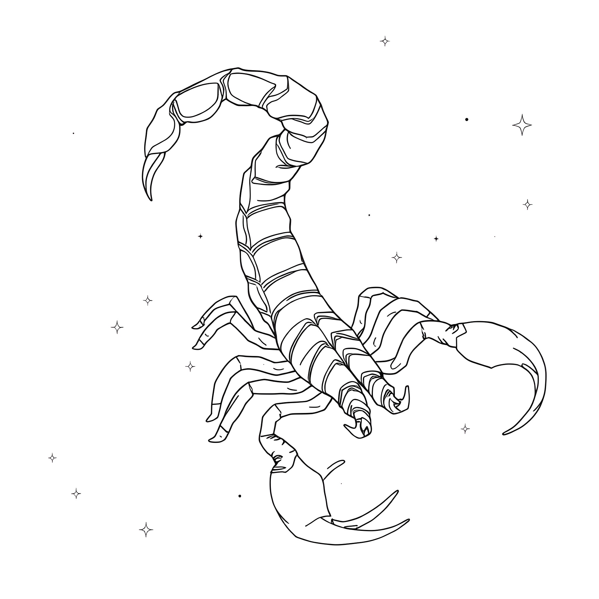Scorpio constellation in the night sky Coloring Page (free black-and-white line drawing printable PDF for all, from beginners to advanced learners, including children, teens, adults, and seniors)