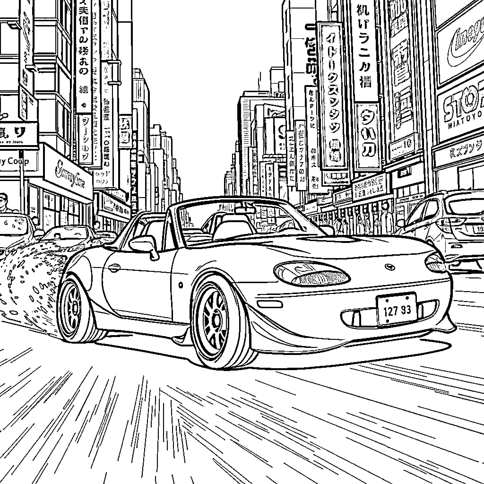 Miata speeding through the city streets Coloring Page (free black-and-white line drawing printable PDF for all, from beginners to advanced learners, including children, teens, adults, and seniors)