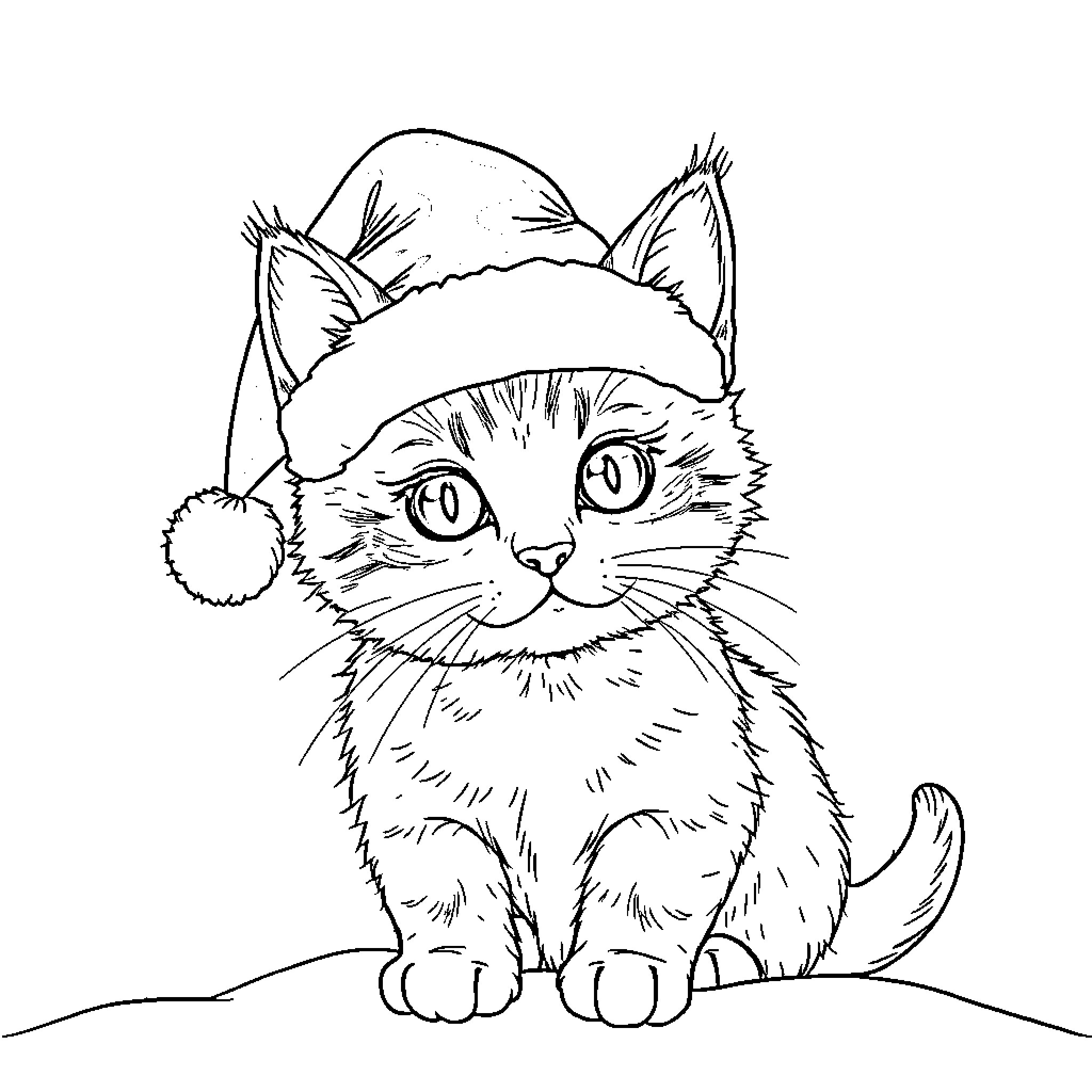 Cat wearing festive hat Coloring Page (free black-and-white line drawing printable PDF for all, from beginners to advanced learners, including children, teens, adults, and seniors)