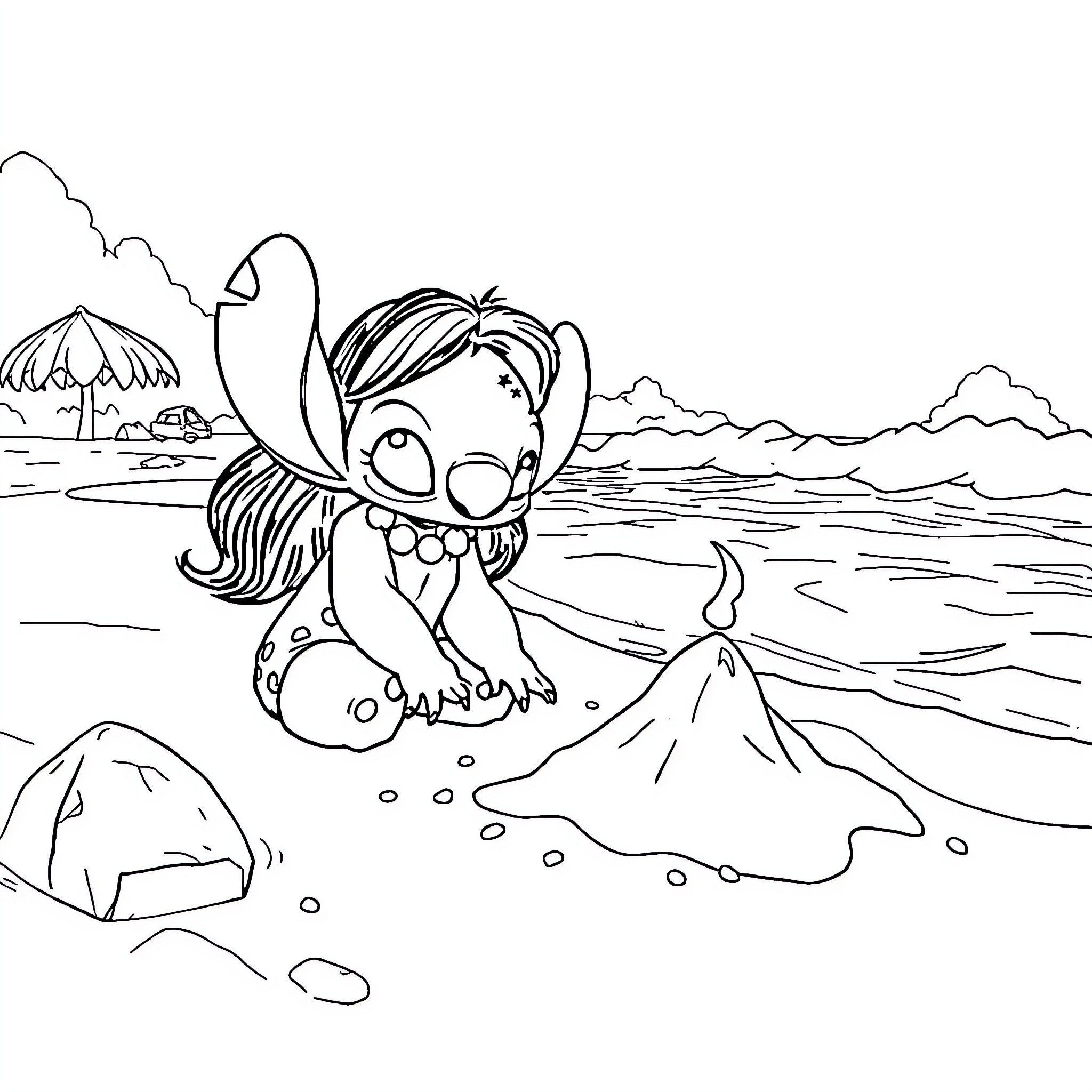 Lilo playing in the beach with sea creatures Coloring Page (free black-and-white line drawing printable PDF for all, from beginners to advanced learners, including children, teens, adults, and seniors)
