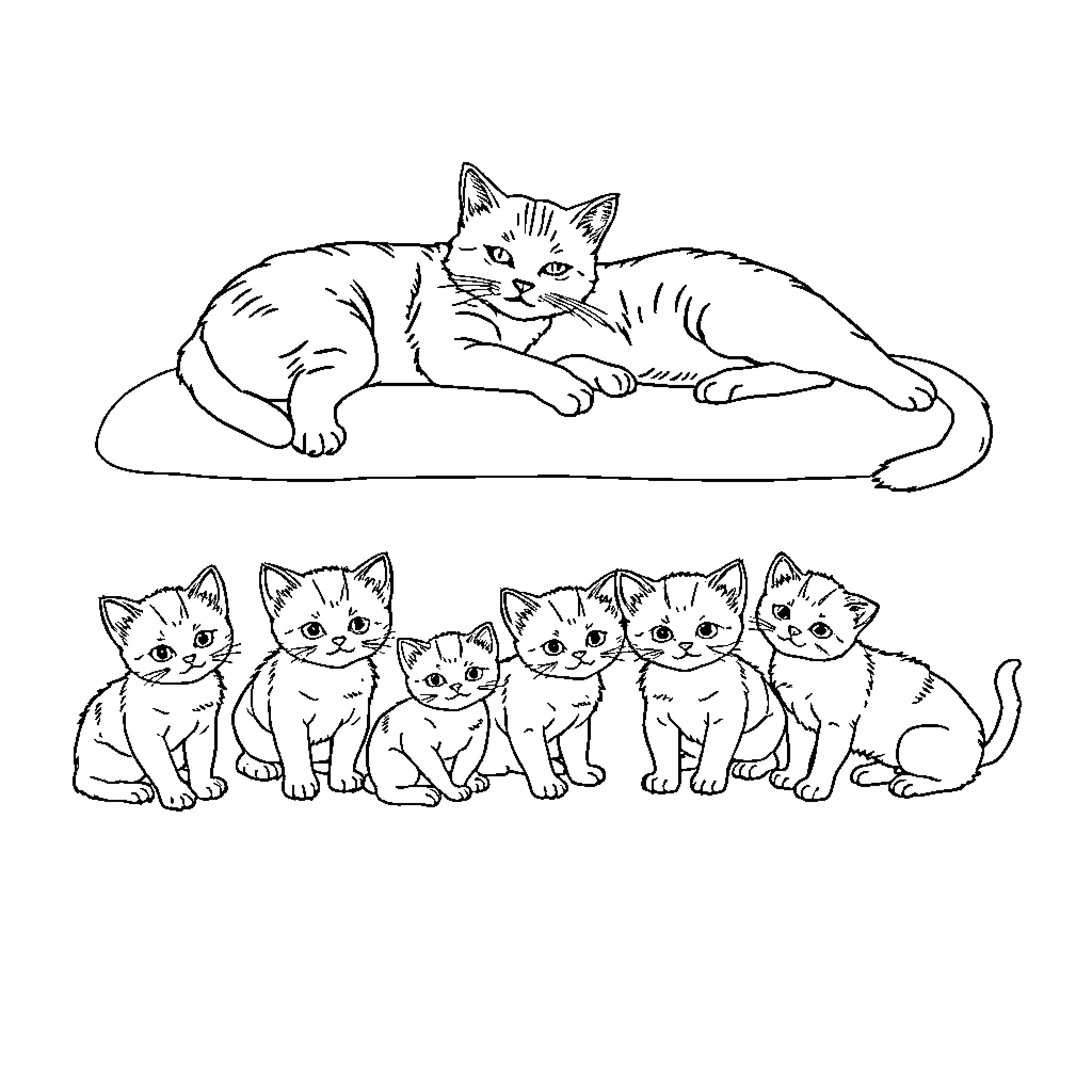 Cat resting comfortably with litter of kittens Coloring Page (free black-and-white line drawing printable PDF for all, from beginners to advanced learners, including children, teens, adults, and seniors)