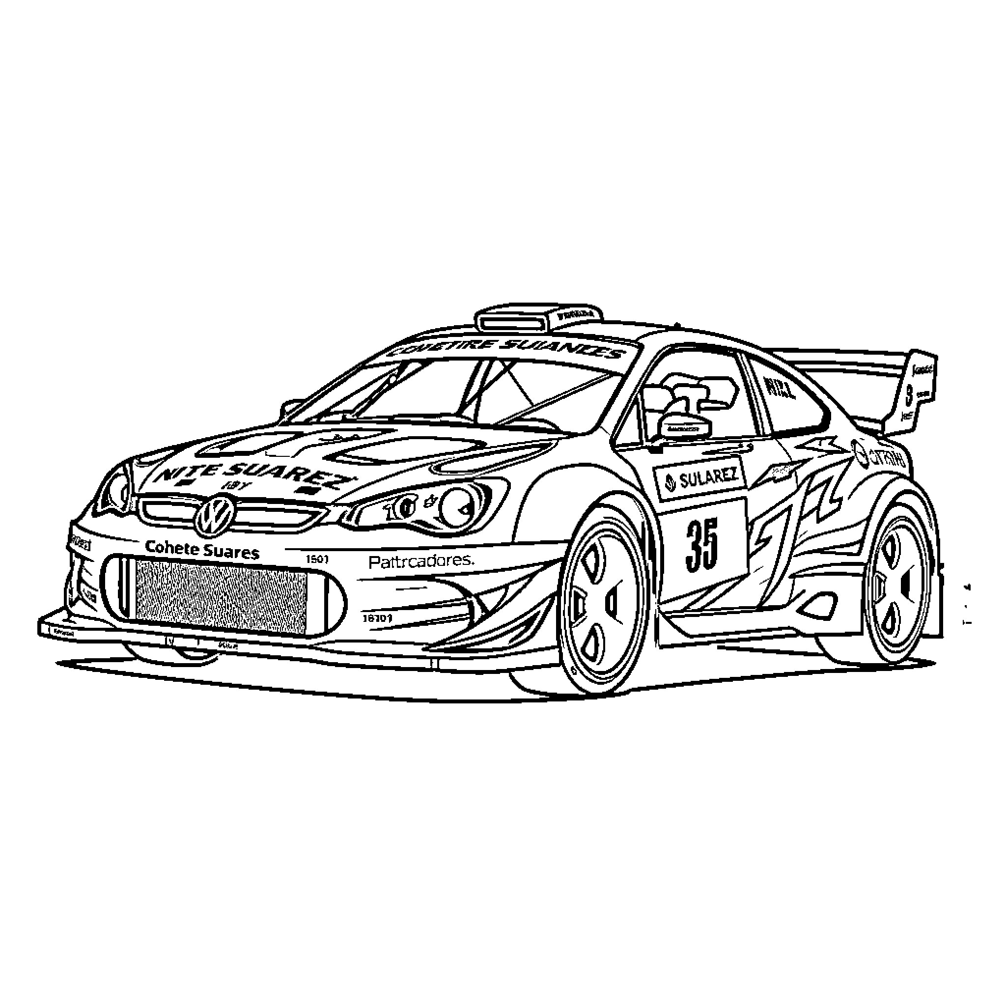 Rally Car in Action with Markings and Sponsors Coloring Page (free black-and-white line drawing printable PDF for all, from beginners to advanced learners, including children, teens, adults, and seniors)