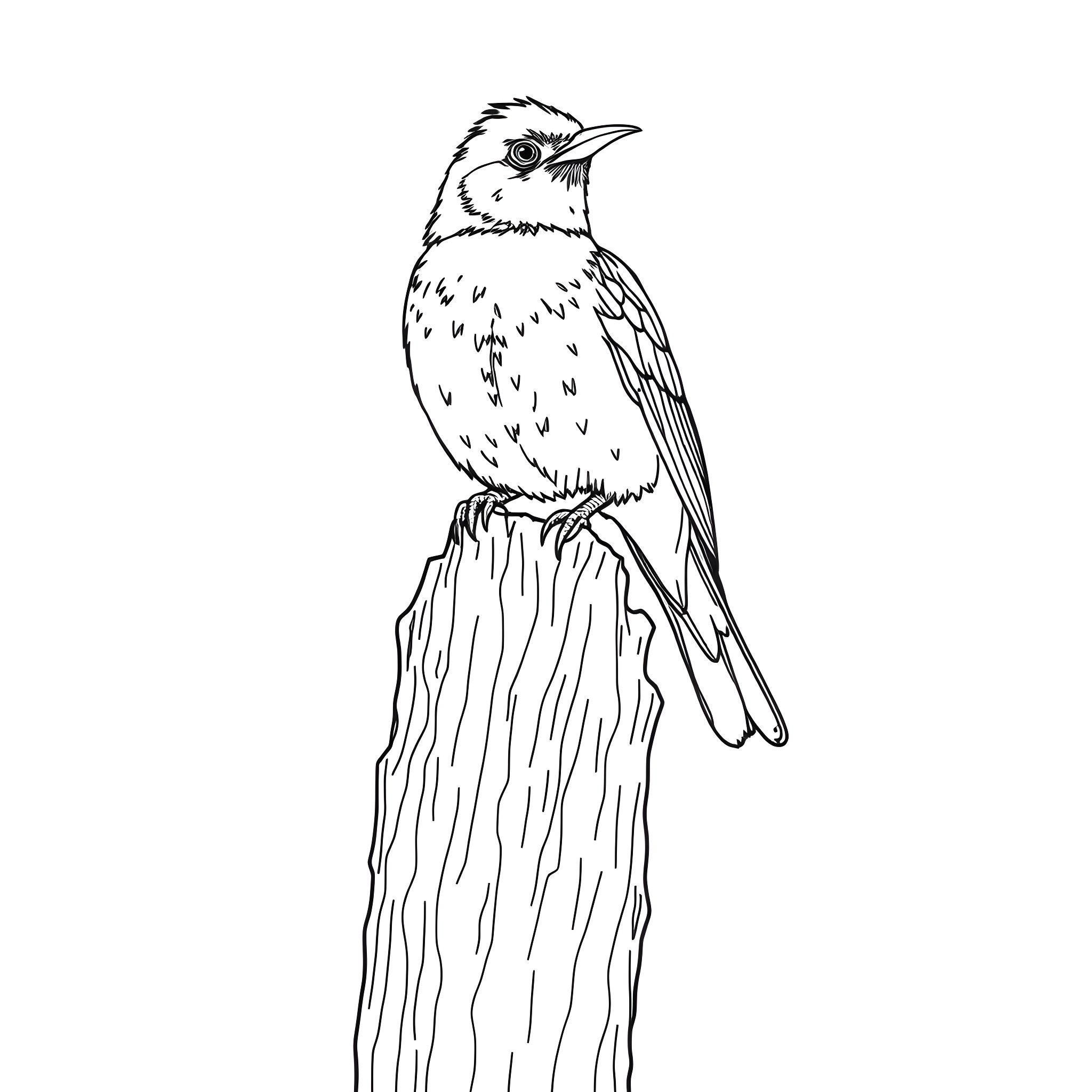 Tanager perched on a tree stump Coloring Page (free black-and-white line drawing printable PDF for all, from beginners to advanced learners, including children, teens, adults, and seniors)