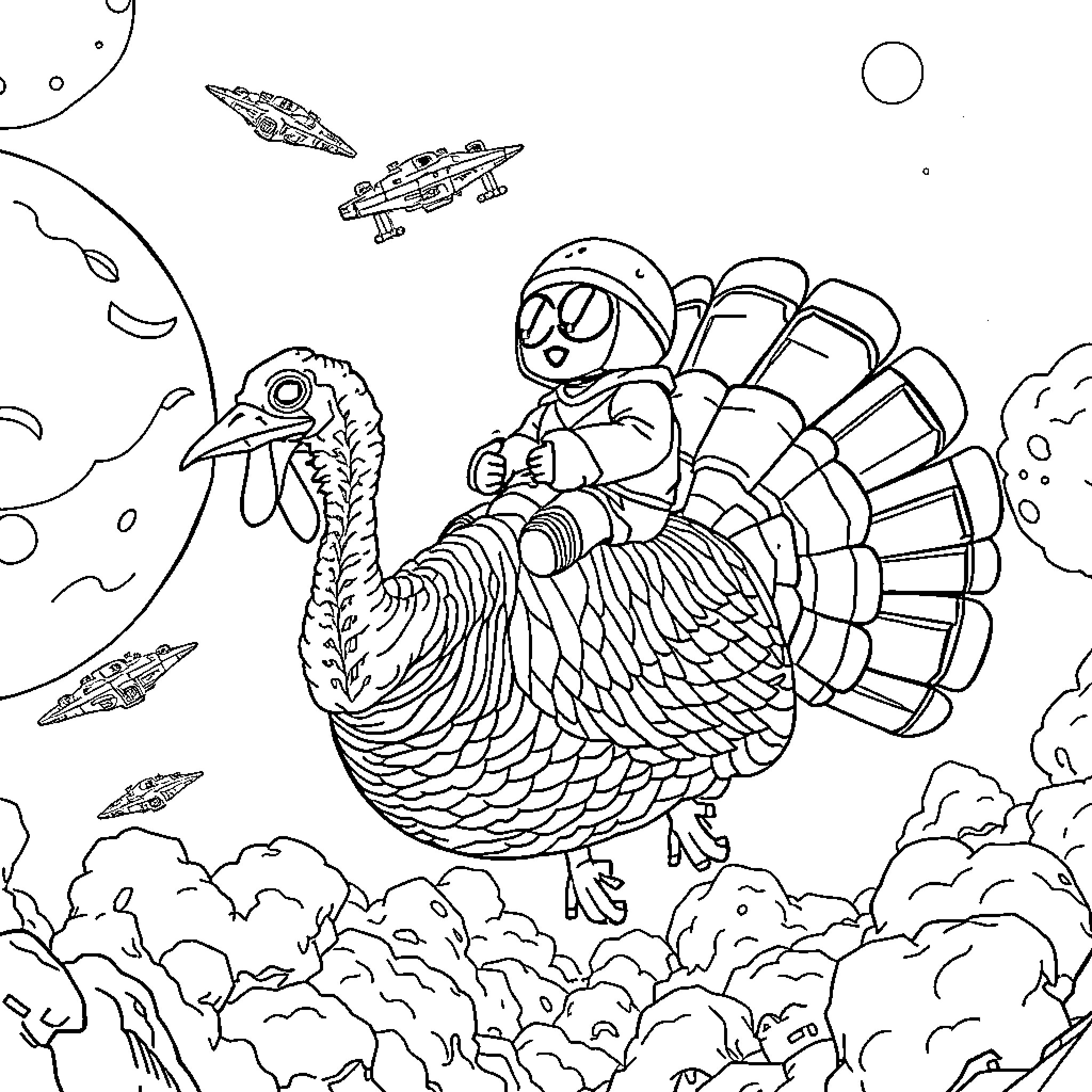 Labubu Embarks on a Space Turkey Adventure Coloring Page (free black-and-white line drawing printable PDF for all, from beginners to advanced learners, including children, teens, adults, and seniors)