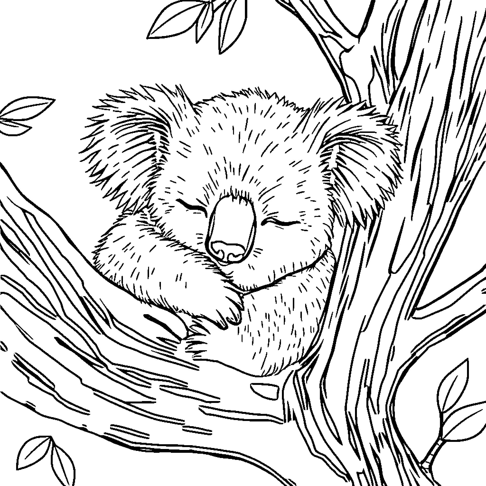 Koala resting peacefully in a tree Coloring Page (free black-and-white line drawing printable PDF for all, from beginners to advanced learners, including children, teens, adults, and seniors)