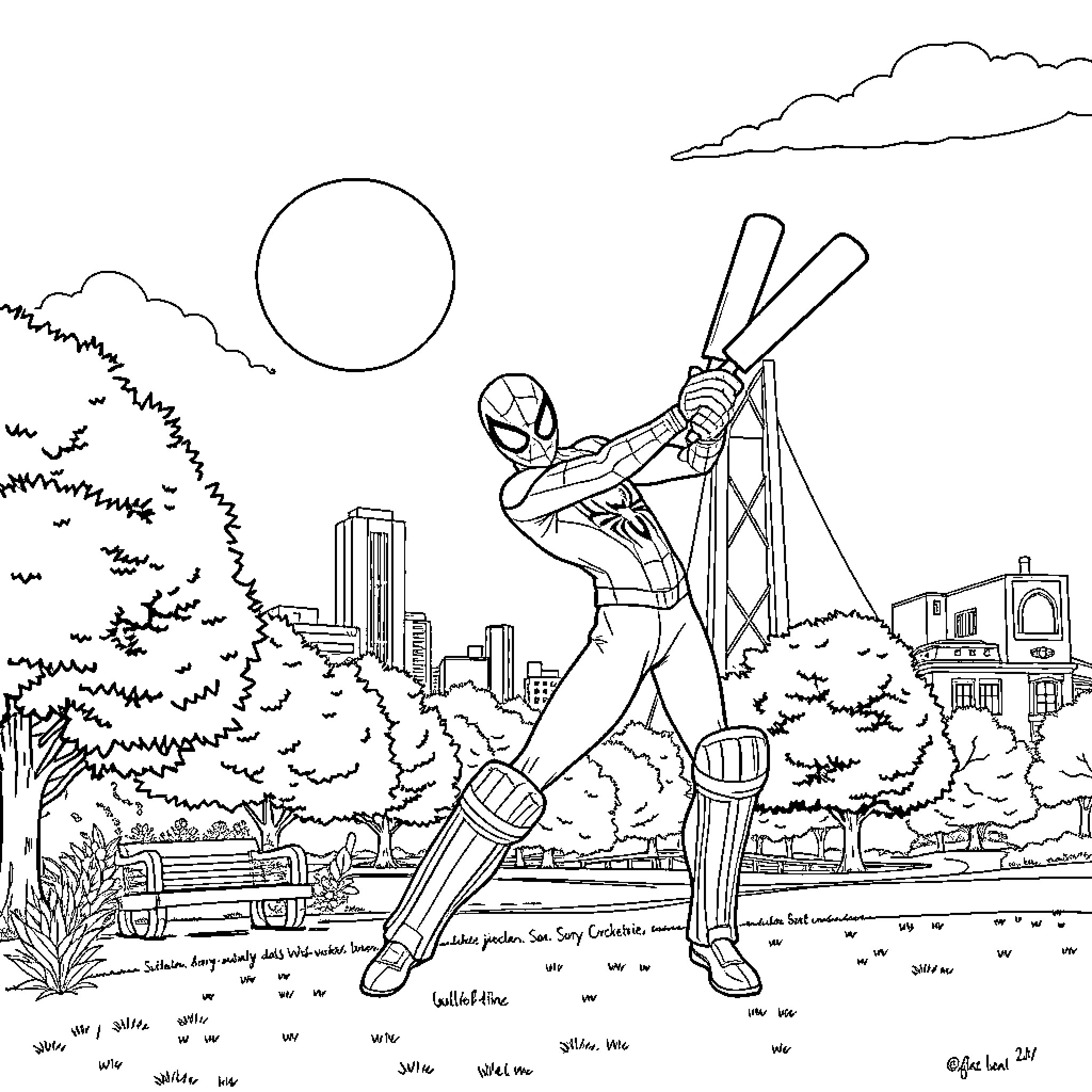 Spiderman swinging through the city with webs Coloring Page (free black-and-white line drawing printable PDF for all, from beginners to advanced learners, including children, teens, adults, and seniors)