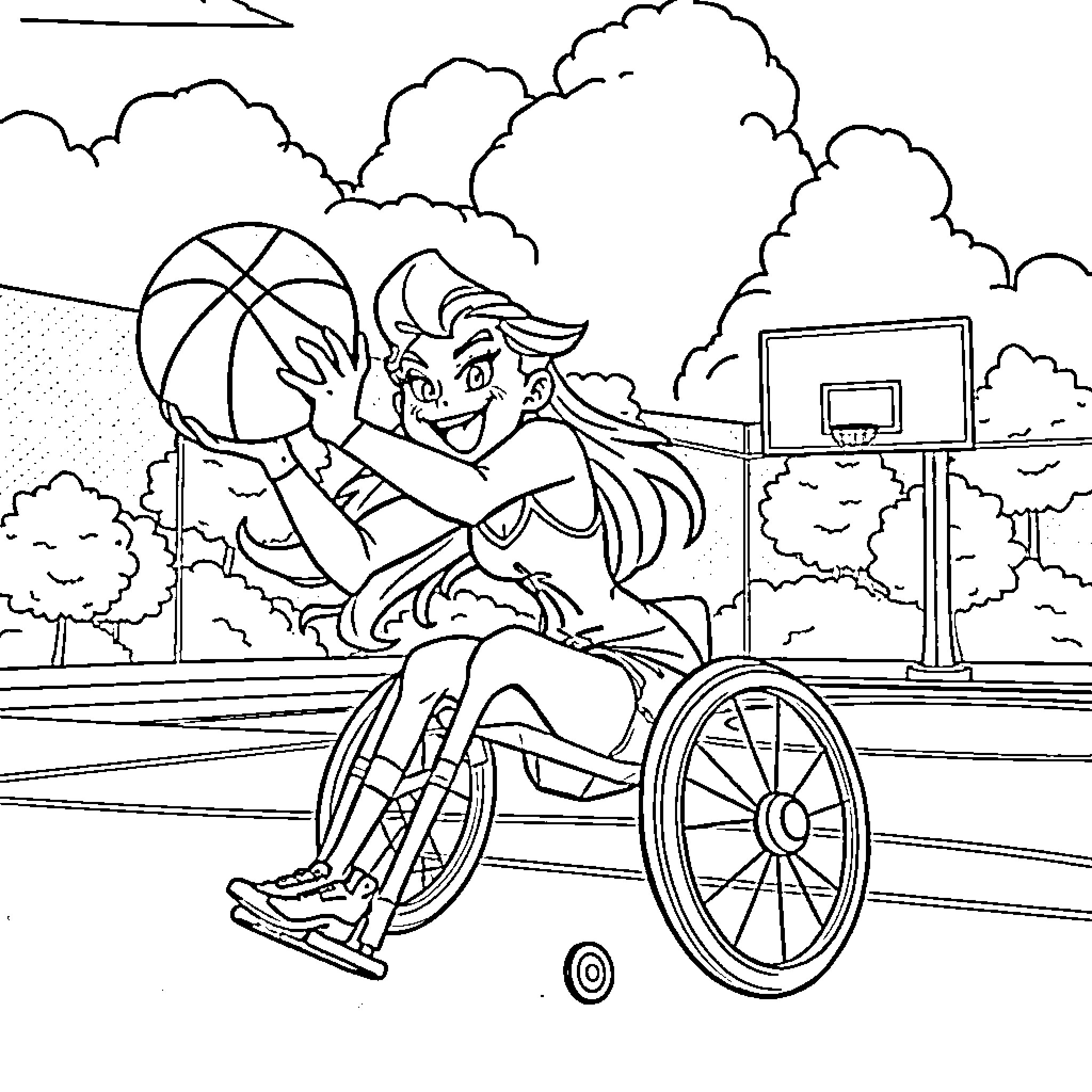 Jinx playing basketball in a wheelchair on the court Coloring Page (free black-and-white line drawing printable PDF for all, from beginners to advanced learners, including children, teens, adults, and seniors)