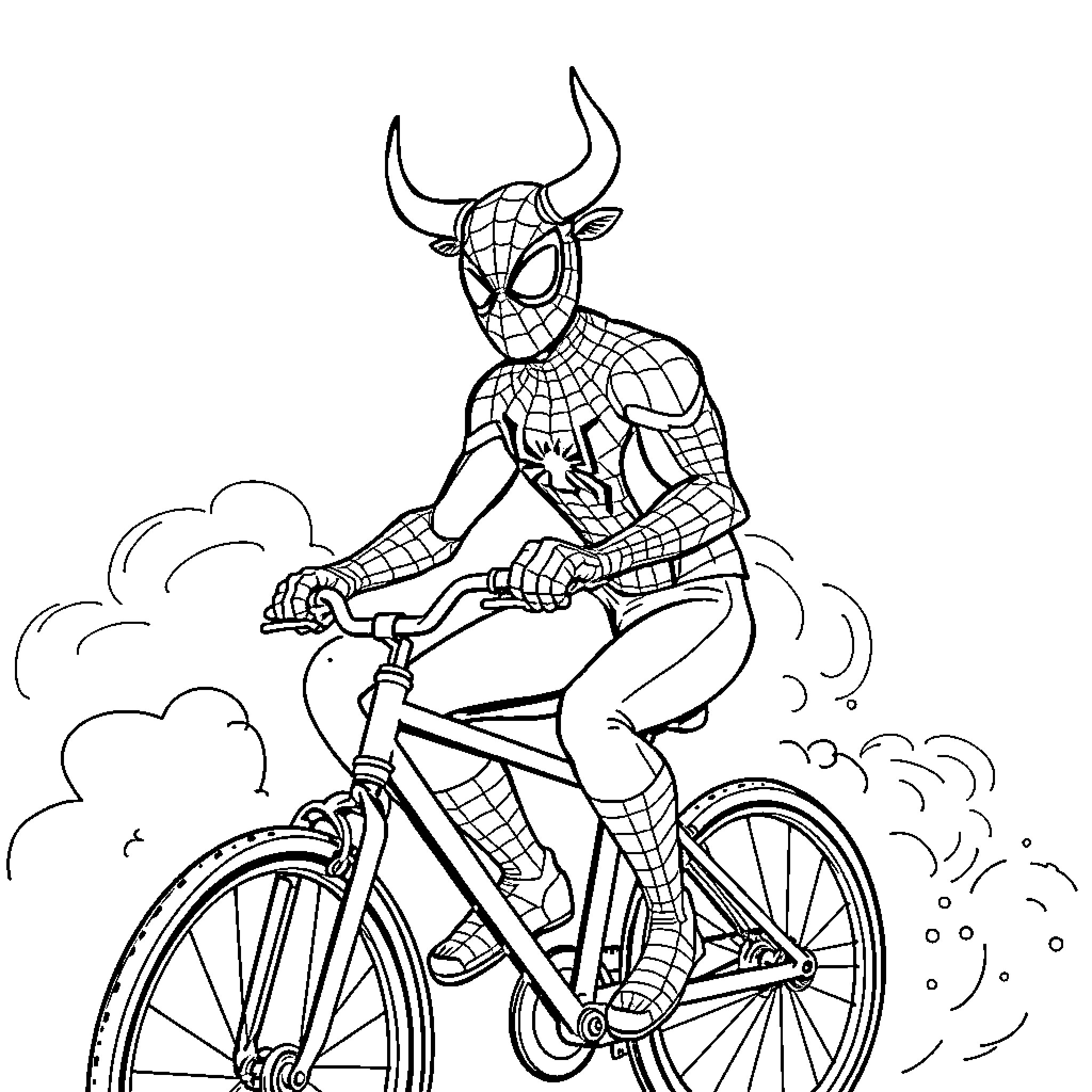 Spiderman riding a bicycle in the city Coloring Page (free black-and-white line drawing printable PDF for all, from beginners to advanced learners, including children, teens, adults, and seniors)