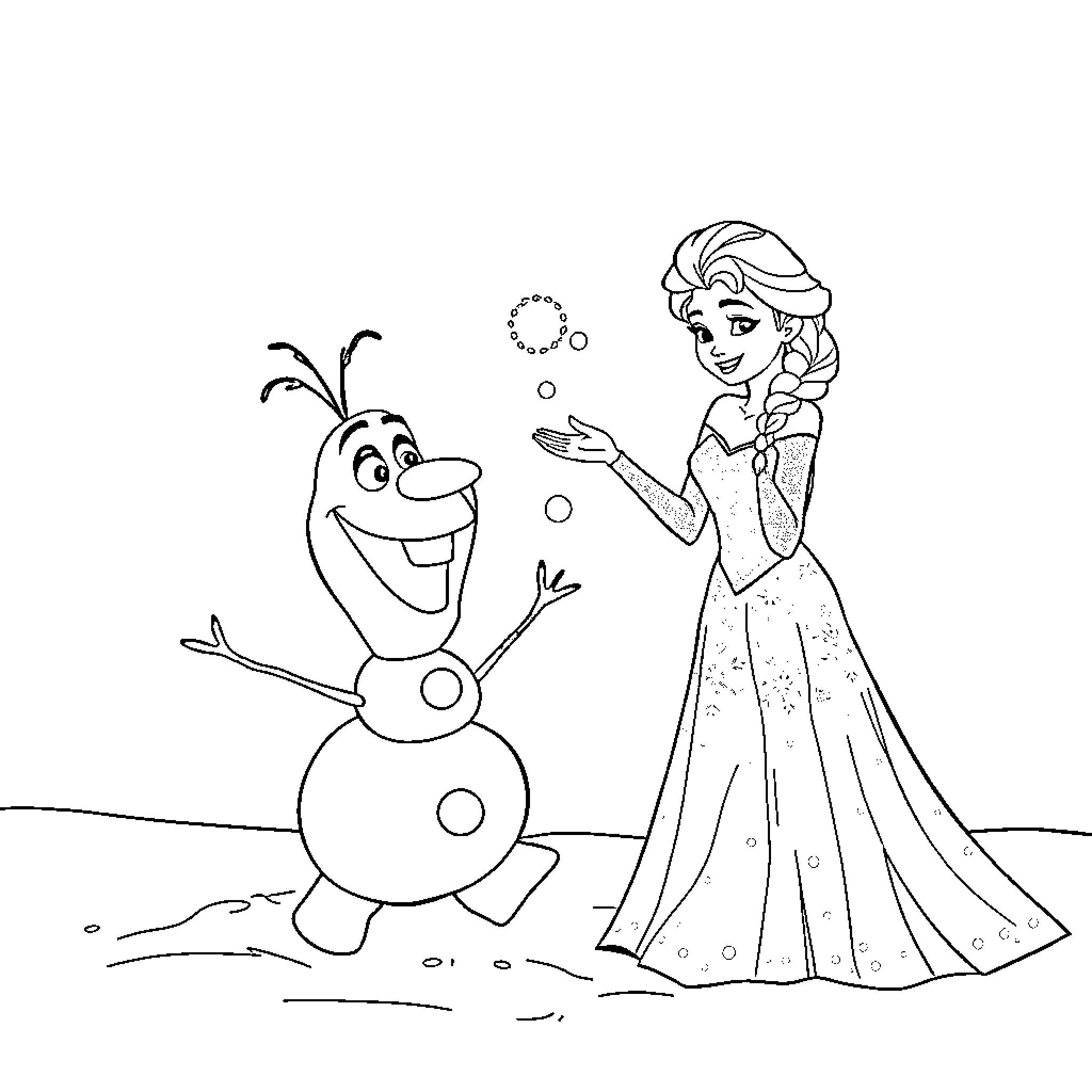 Elsa and Olaf playing joyfully in the snow Coloring Page (free black-and-white line drawing printable PDF for all, from beginners to advanced learners, including children, teens, adults, and seniors)
