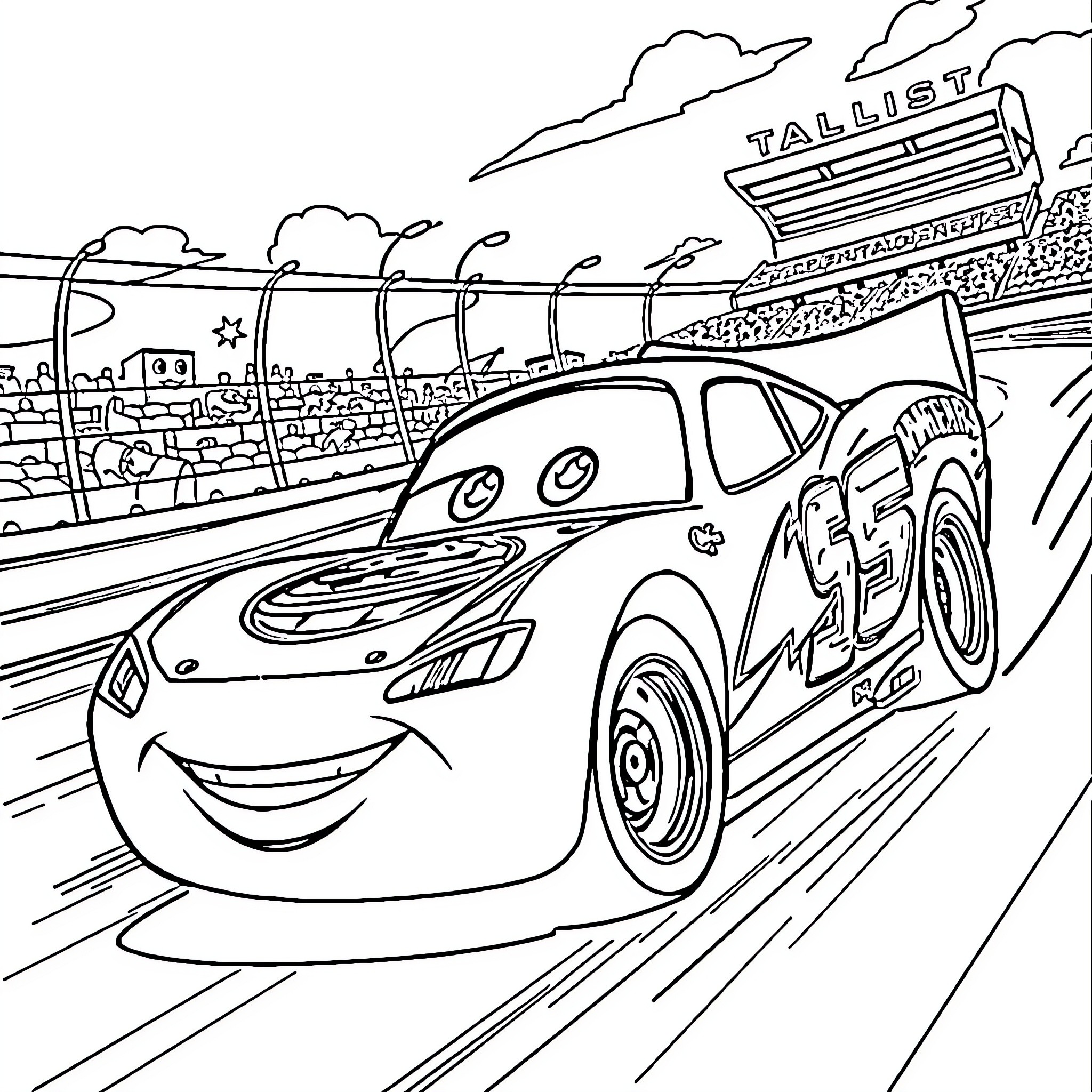 Dale Earnhardt Jr. speeding through a race track Coloring Page (free black-and-white line drawing printable PDF for all, from beginners to advanced learners, including children, teens, adults, and seniors)