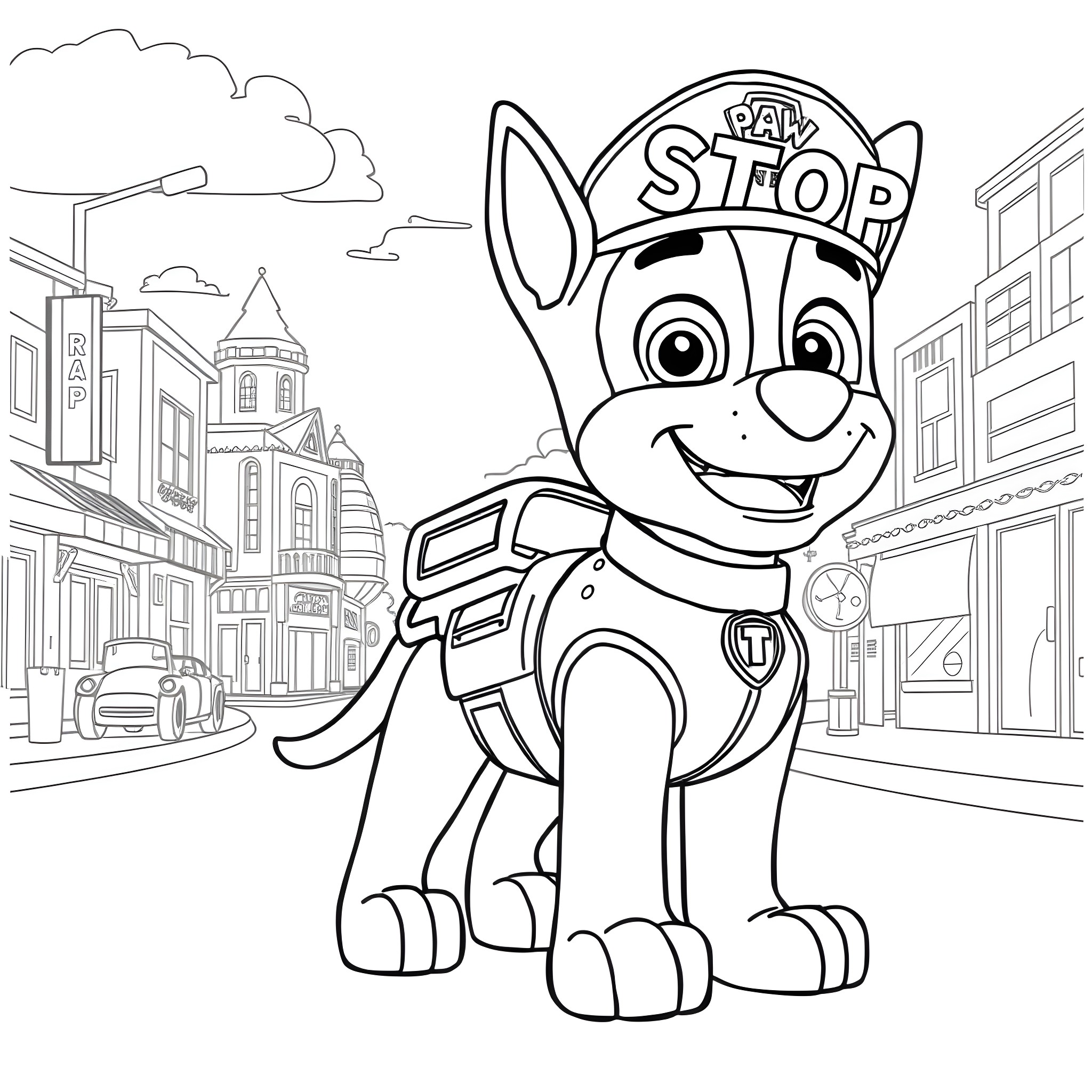 Chase through the city streets with a cheerful pup Coloring Page (free black-and-white line drawing printable PDF for all, from beginners to advanced learners, including children, teens, adults, and seniors)