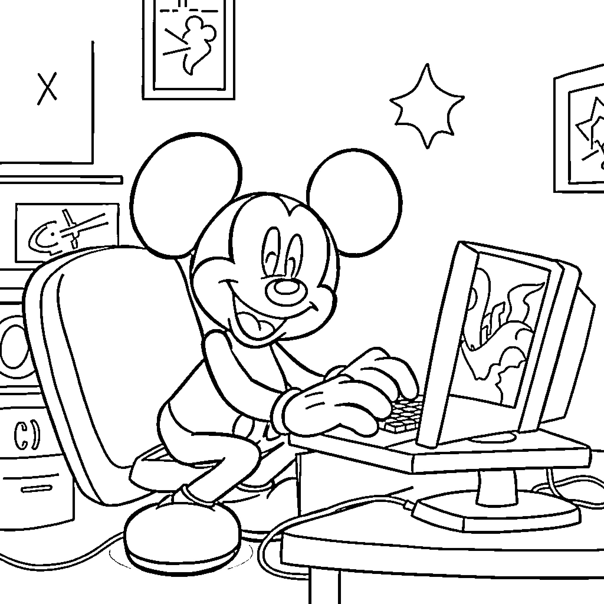 Mickey Mouse using a computer in his room Coloring Page (free black-and-white line drawing printable PDF for all, from beginners to advanced learners, including children, teens, adults, and seniors)