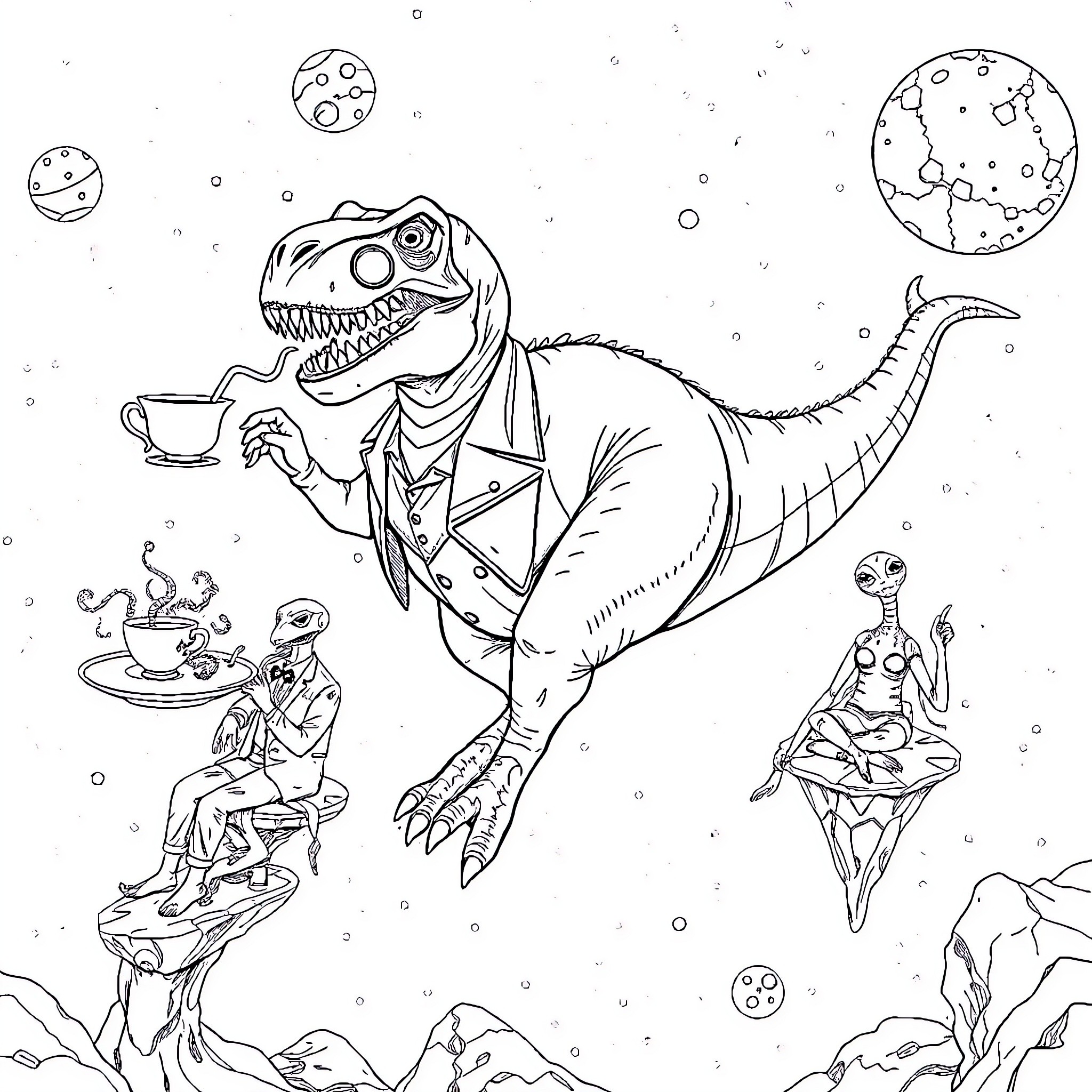 Tyrannosaurus Rex enjoying tea time in a cosmic setting Coloring Page (free black-and-white line drawing printable PDF for all, from beginners to advanced learners, including children, teens, adults, and seniors)