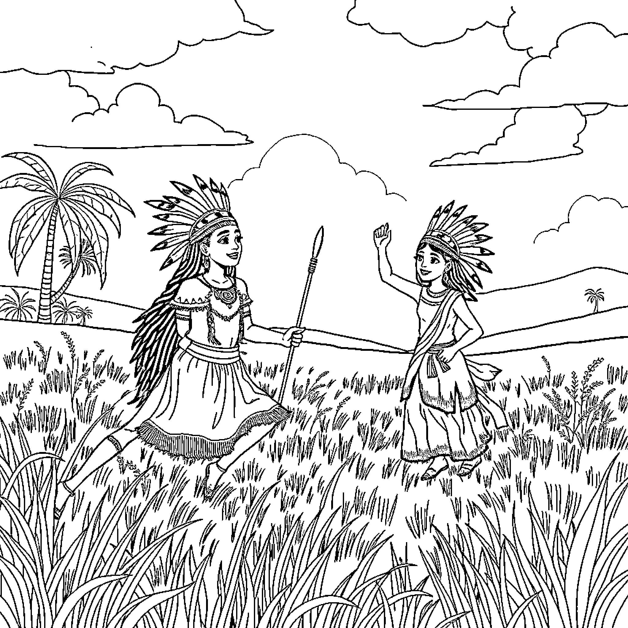 Taino Indigenous Figures in Ceremonial Attire Coloring Page (free black-and-white line drawing printable PDF for all, from beginners to advanced learners, including children, teens, adults, and seniors)