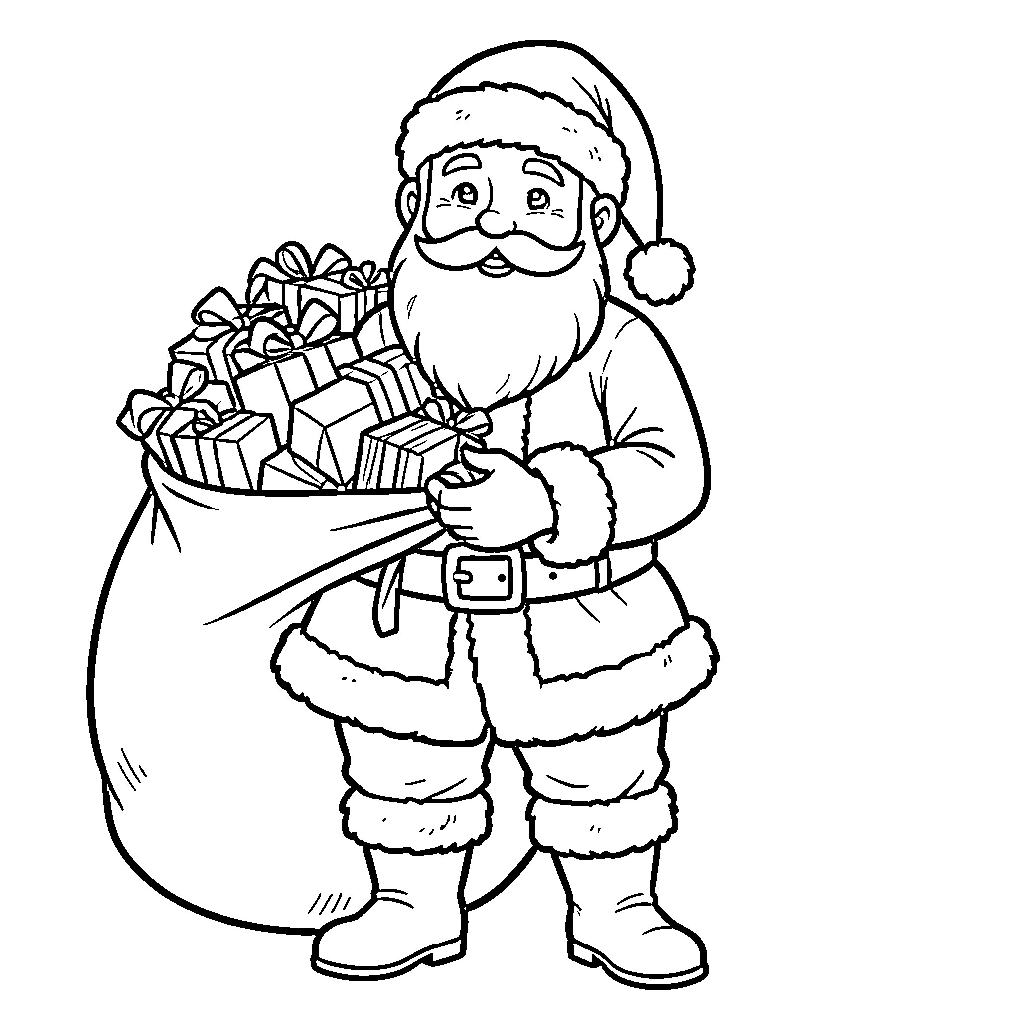 Santa carrying a sack of gifts Coloring Page (free black-and-white line drawing printable PDF for all, from beginners to advanced learners, including children, teens, adults, and seniors)