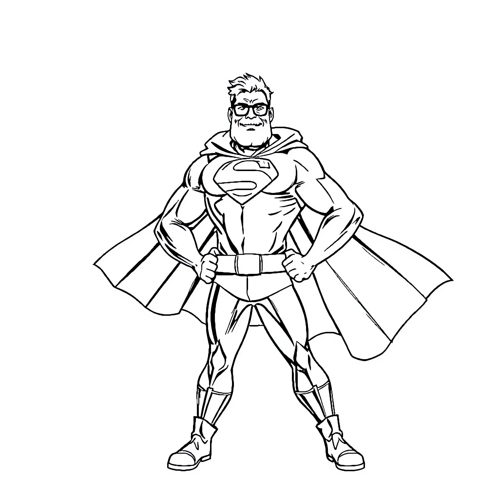 Superhero in Powerful Stance with Iconic Symbol Coloring Page (free black-and-white line drawing printable PDF for all, from beginners to advanced learners, including children, teens, adults, and seniors)
