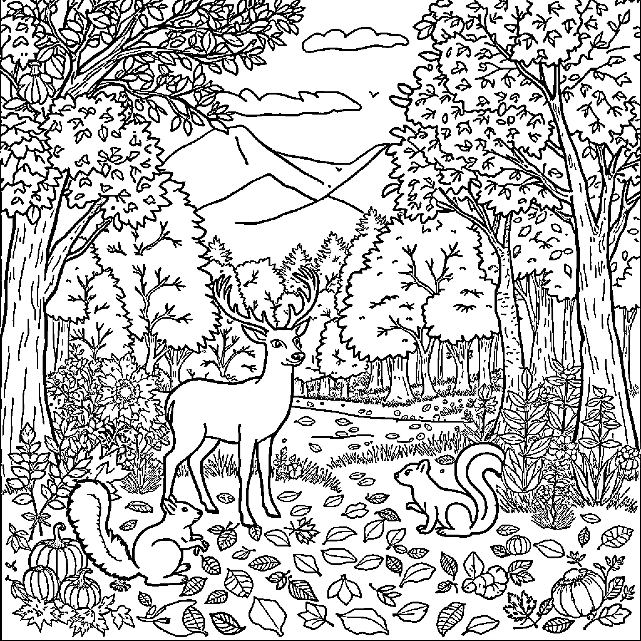 Thanksgiving in the Serene Forest Landscape Coloring Page (free black-and-white line drawing printable PDF for all, from beginners to advanced learners, including children, teens, adults, and seniors)