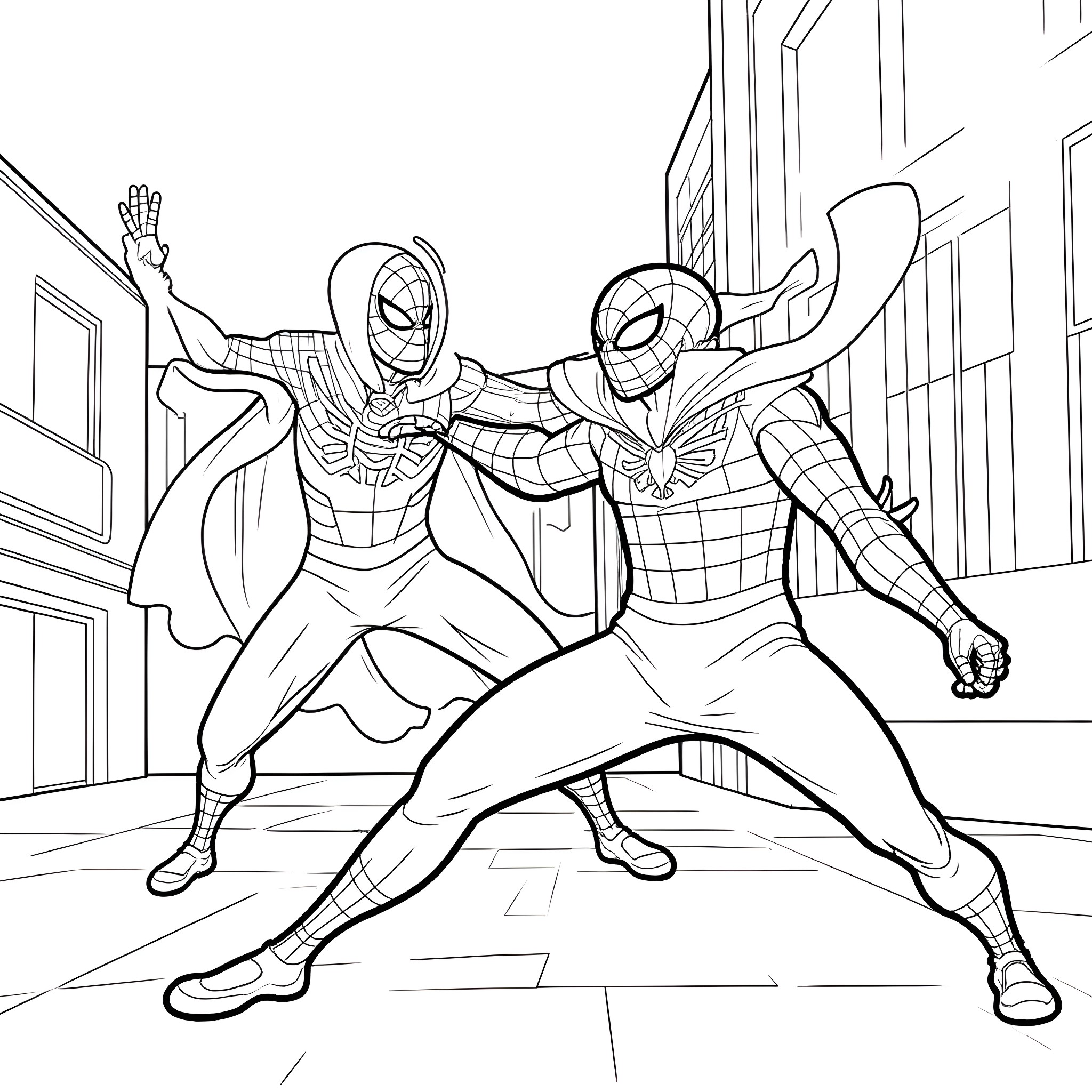 Miles Morales Spiderman and His Companions in Action Coloring Page (free black-and-white line drawing printable PDF for all, from beginners to advanced learners, including children, teens, adults, and seniors)
