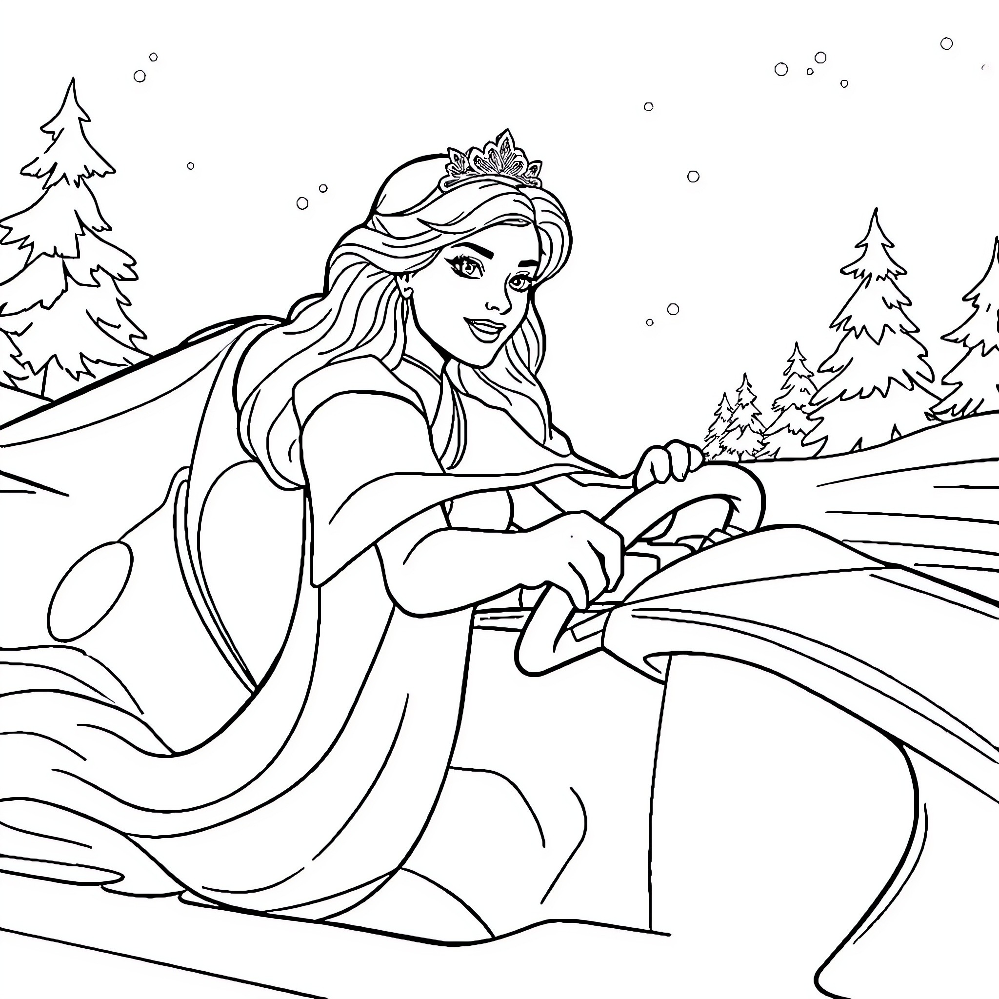 Reine des Neiges: Princess in a winter wonderland Coloring Page (free black-and-white line drawing printable PDF for all, from beginners to advanced learners, including children, teens, adults, and seniors)