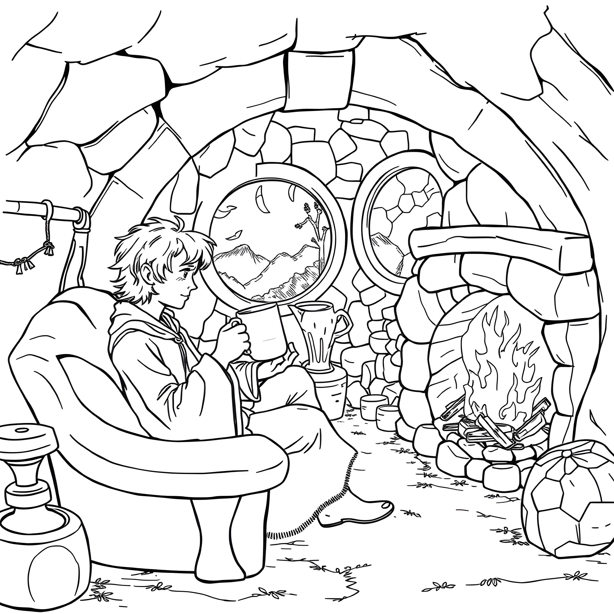 Frodo resting by the fireplace in Bilbo's cozy hobbit home Coloring Page (free black-and-white line drawing printable PDF for all, from beginners to advanced learners, including children, teens, adults, and seniors)
