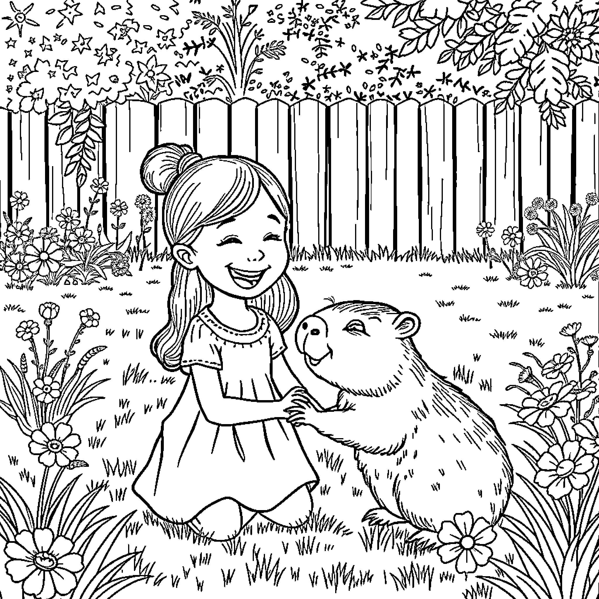 Girl playing with teddy bear in floral garden Coloring Page (free black-and-white line drawing printable PDF for all, from beginners to advanced learners, including children, teens, adults, and seniors)