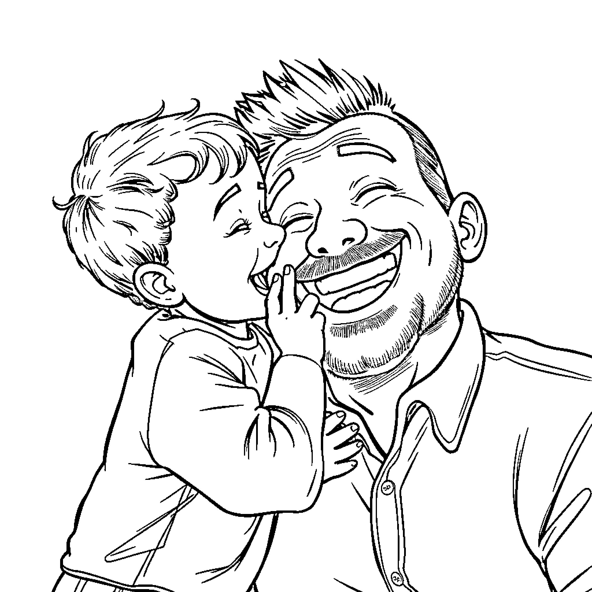 Toddler sharing a joyful moment with father Coloring Page (free black-and-white line drawing printable PDF for all, from beginners to advanced learners, including children, teens, adults, and seniors)