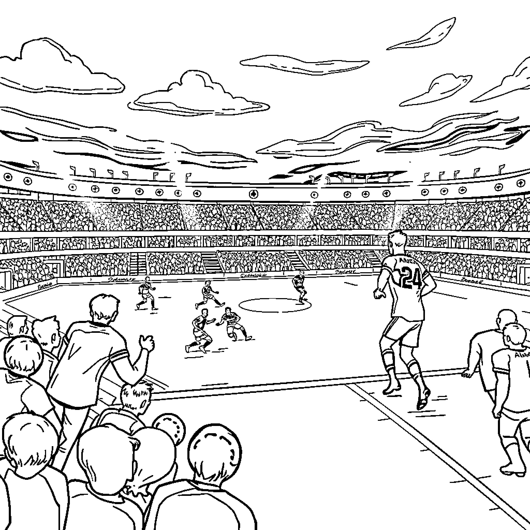 Football players in an exciting stadium match Coloring Page (free black-and-white line drawing printable PDF for all, from beginners to advanced learners, including children, teens, adults, and seniors)